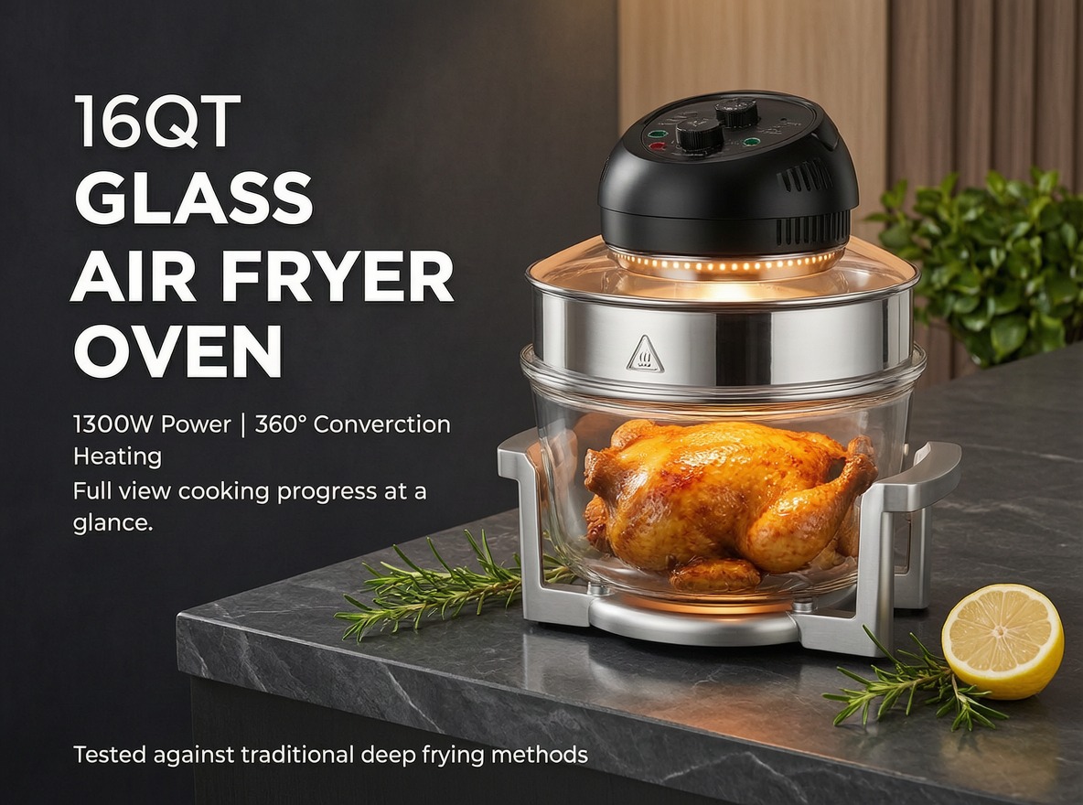16QT Extra Large Glass Air Fryer – 1300W, 360° Air Convection, Oil-Less Cooking & Multi-Function