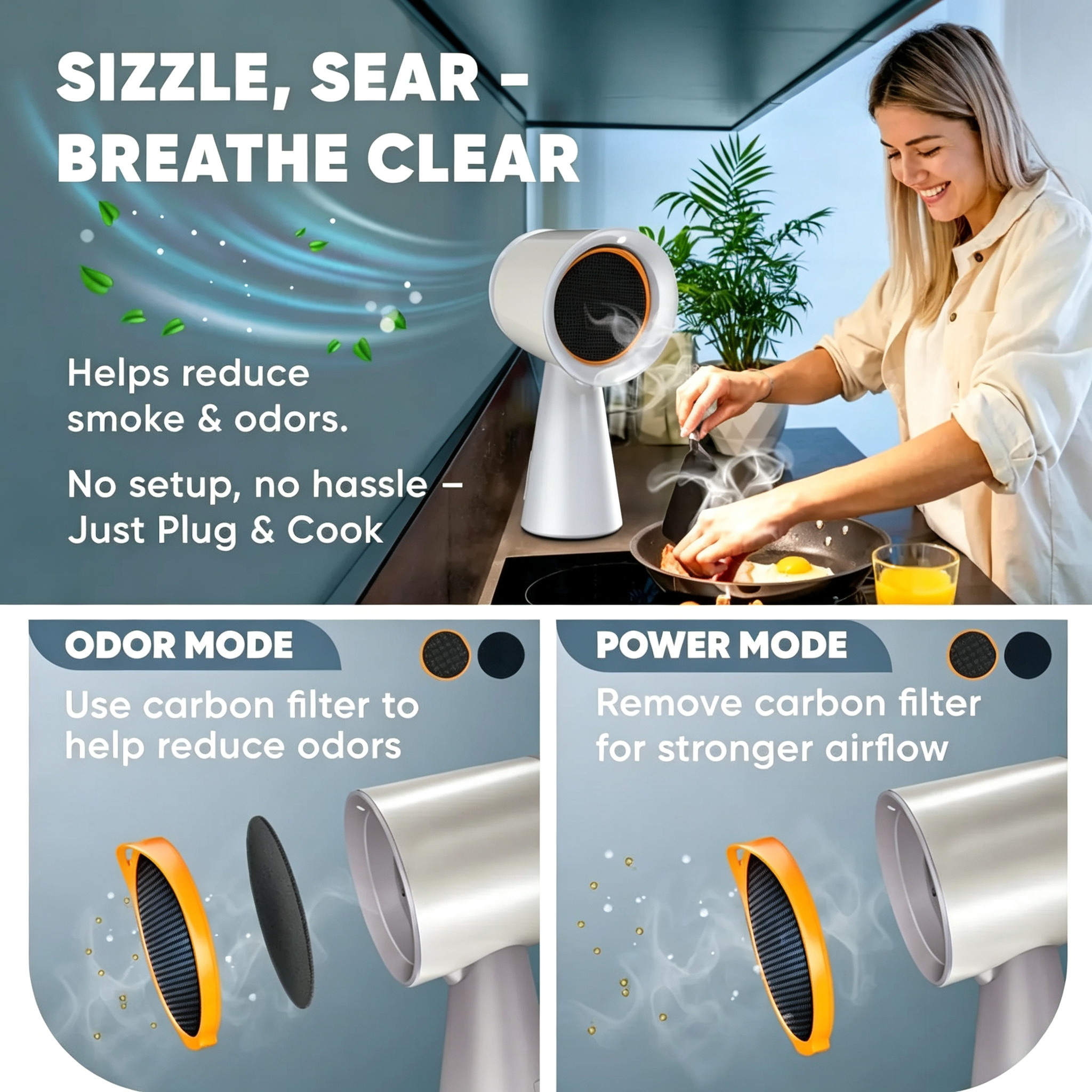 Portable Range Hood Kitchen -Powerful 3-Speed Suction Desktop CompactRange Hood - 2x Quad-Core Filters - 6 xActivated Carbon Filters - Original Low NoiseKitchen Exhaust Fan with Large Oil CollectionCup