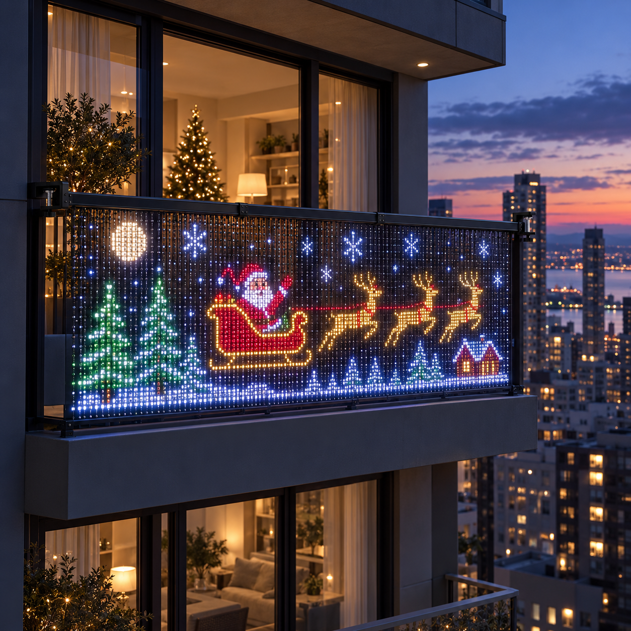2026 buvoraq dense micro pixel curtain installed on a European balcony with modular upper and lower rails