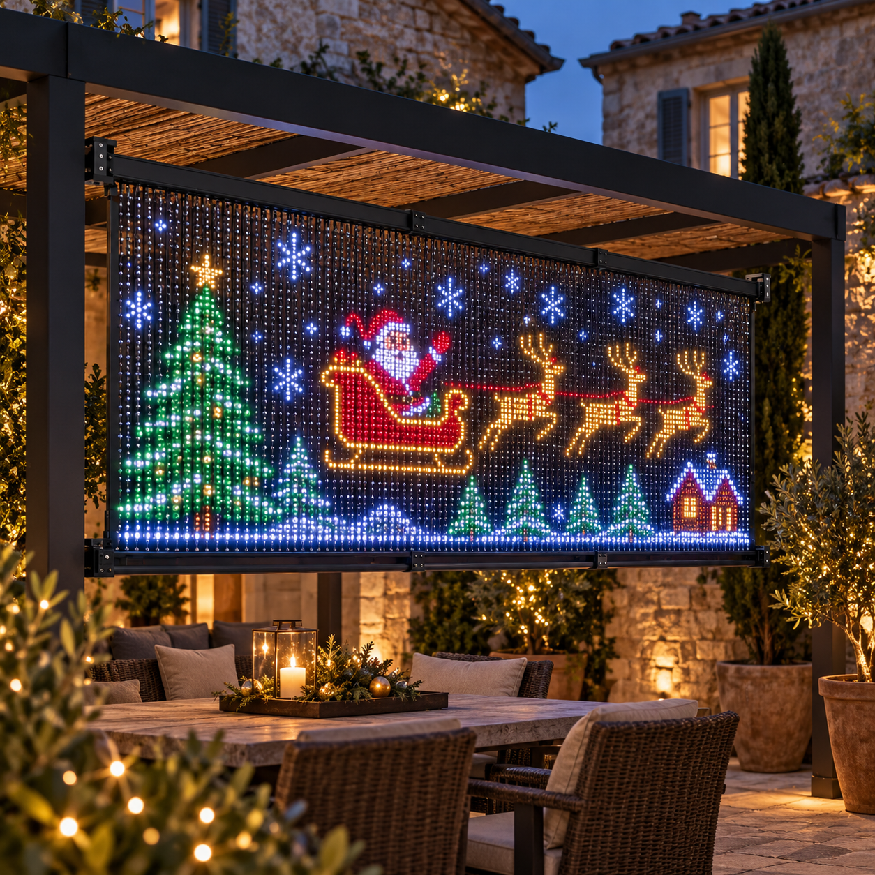 buvoraq dense micro pixel curtain under a covered European courtyard pergola