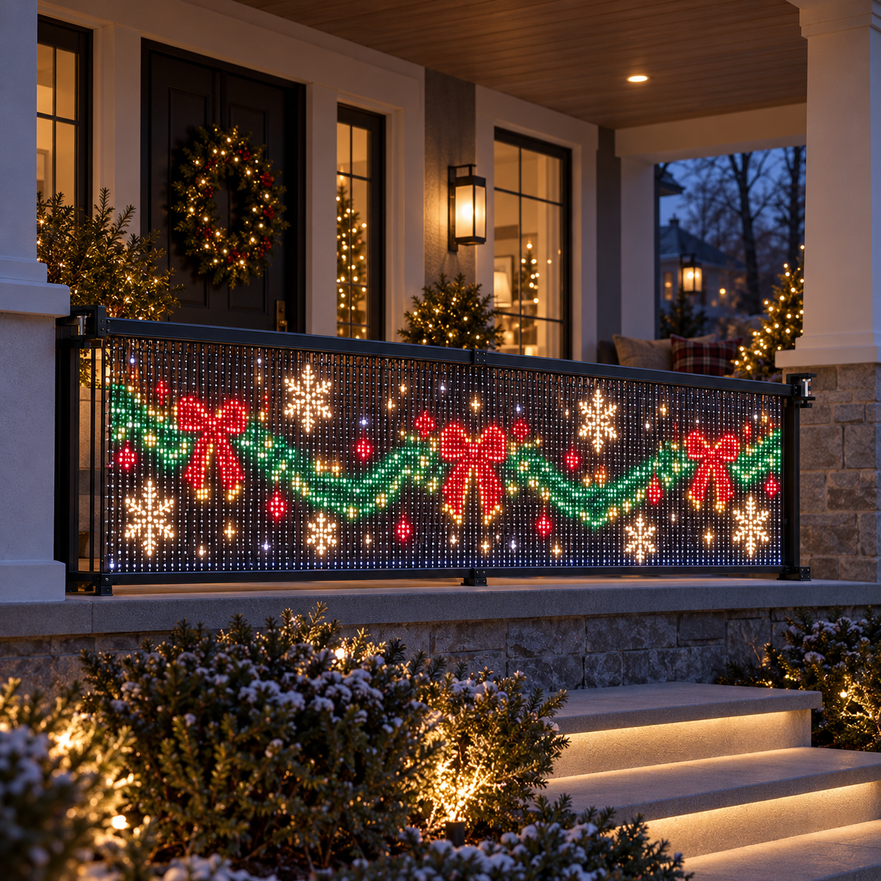buvoraq dense micro pixel curtain installed across a sheltered front porch
