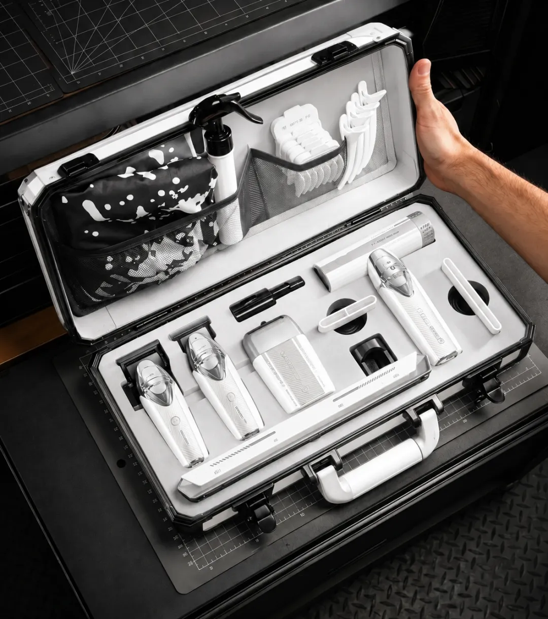 Professional Men Hair Clipper &amp; Trimmer Kit | 11000RPM, Long‑Lasting Battery, Charging Base, Travel Case, DLC &amp; Stainless Steel Blades