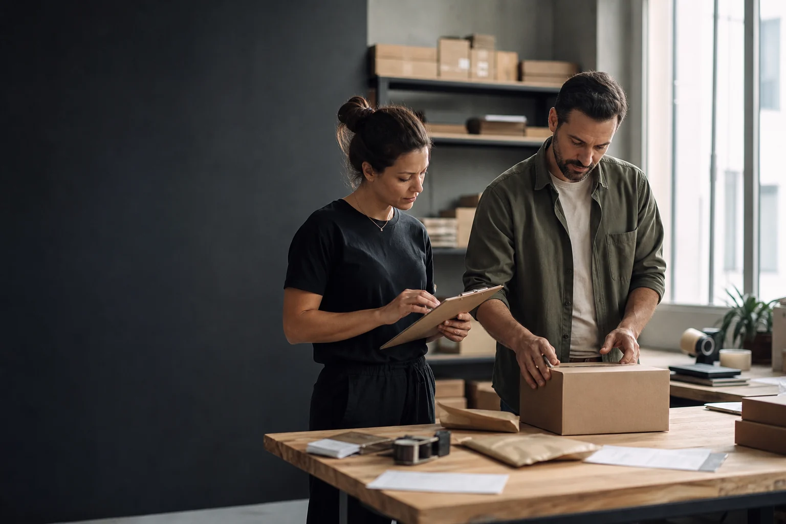 A small fulfillment team carefully preparing an online order