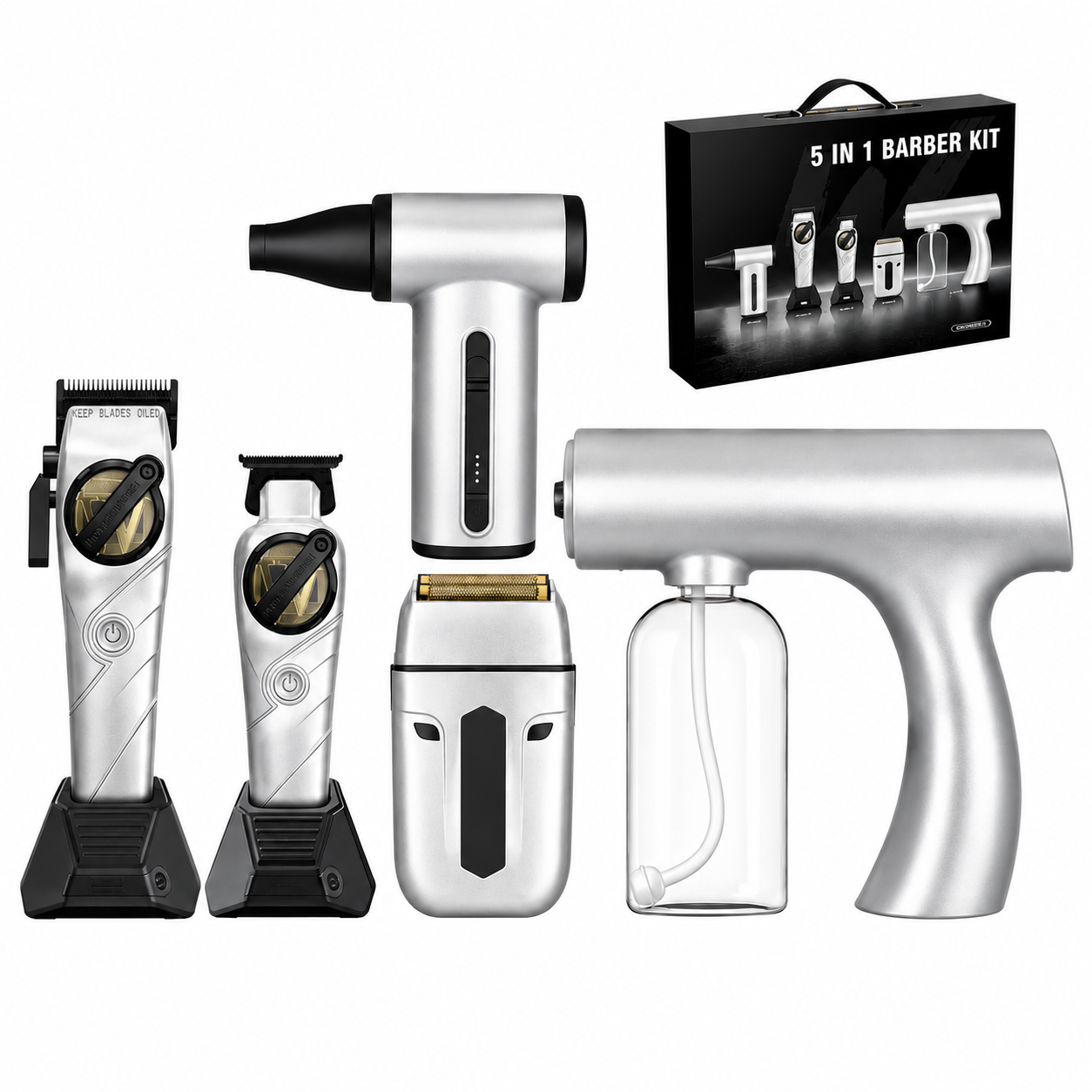 5-in-1 Professional Grooming Kit – Clipper, Trimmer, Shaver, Air Duster & Hair Dryer
