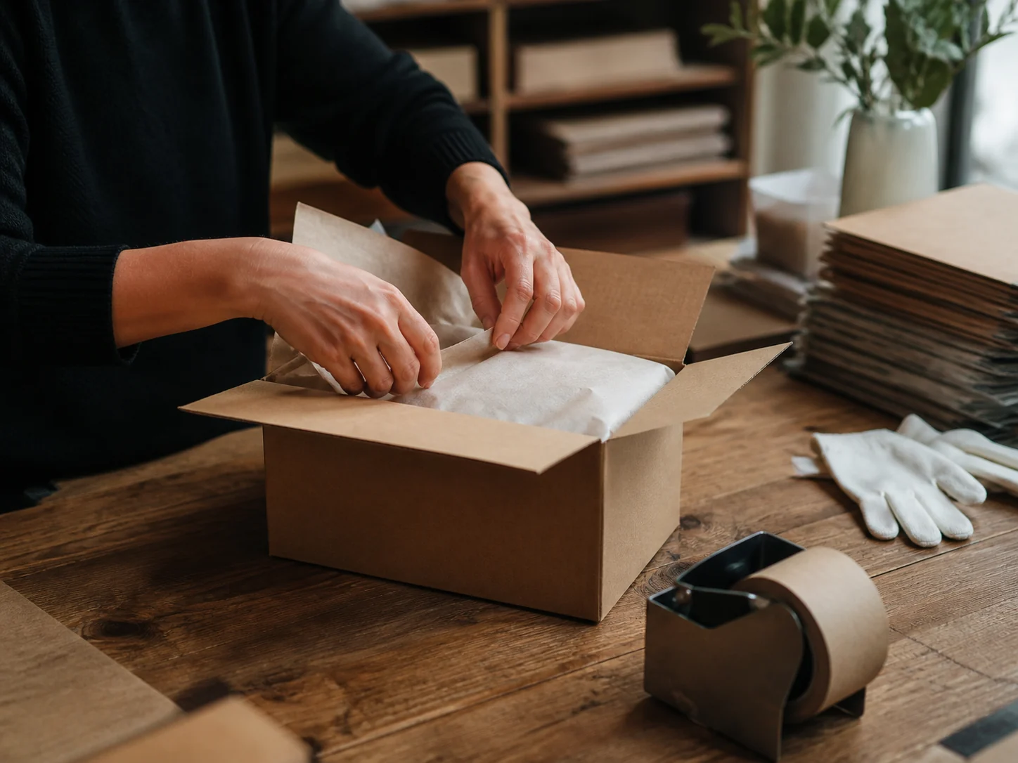 An order being carefully packed at a workbench