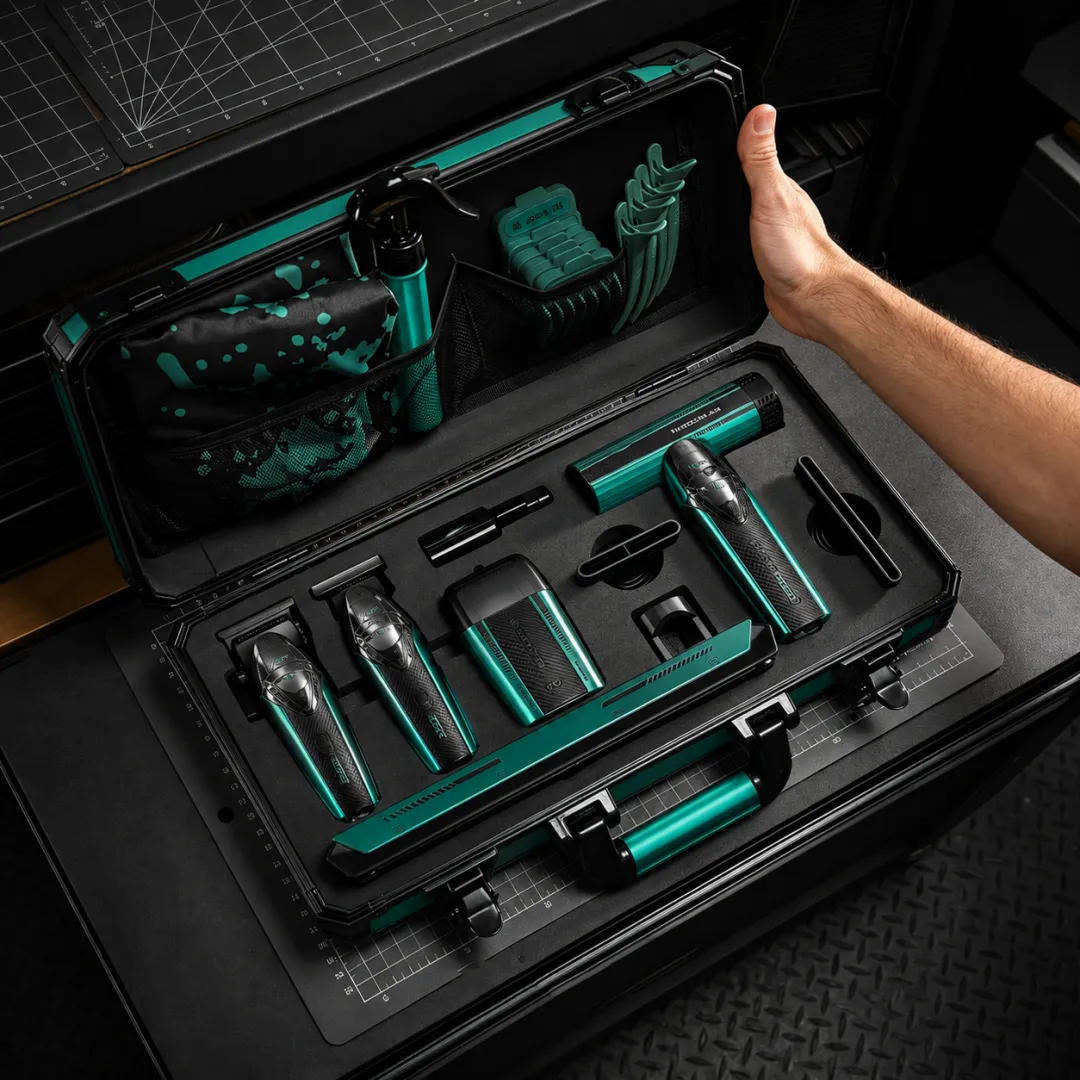 Professional Men Hair Clipper &amp; Trimmer Kit | 11000RPM, Long‑Lasting Battery, Charging Base, Travel Case, DLC &amp; Stainless Steel Blades