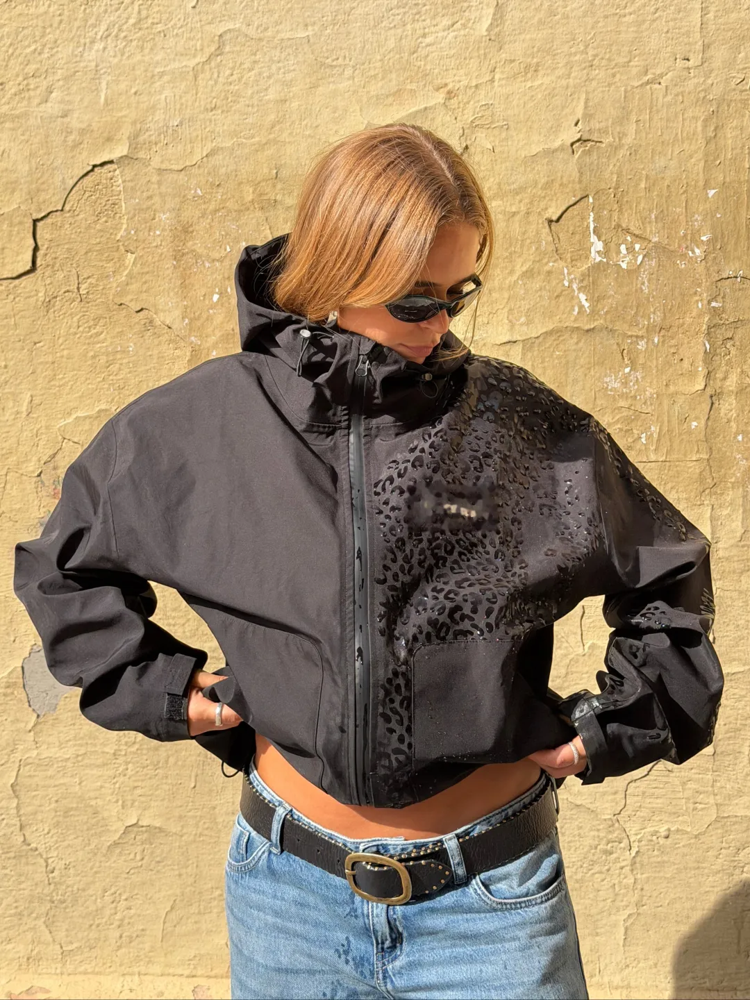 Water Reactive Cheetah Rain Jacket - Black