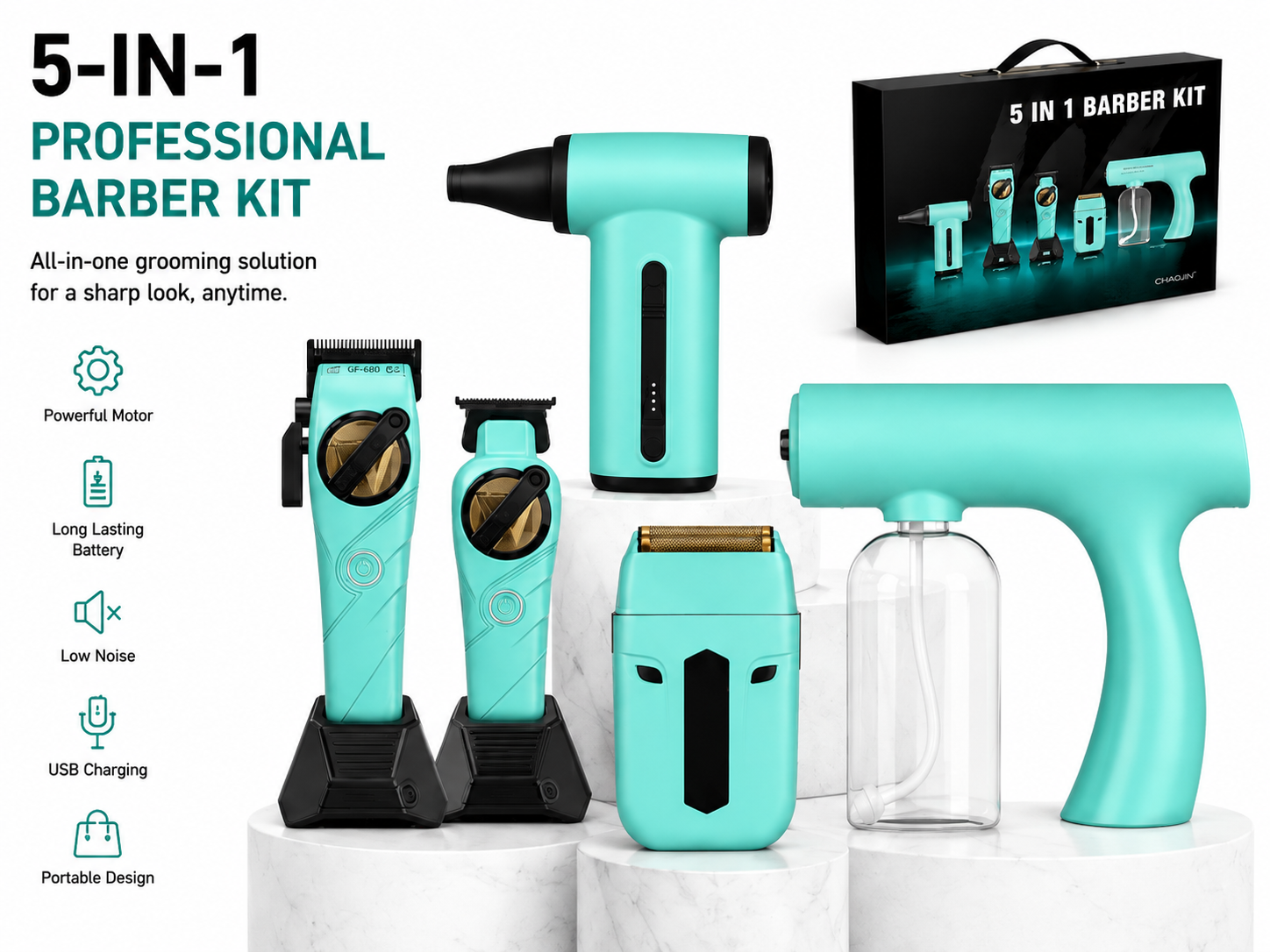 5-in-1 Professional Grooming Kit – Clipper, Trimmer, Shaver, Air Duster & Hair Dryer