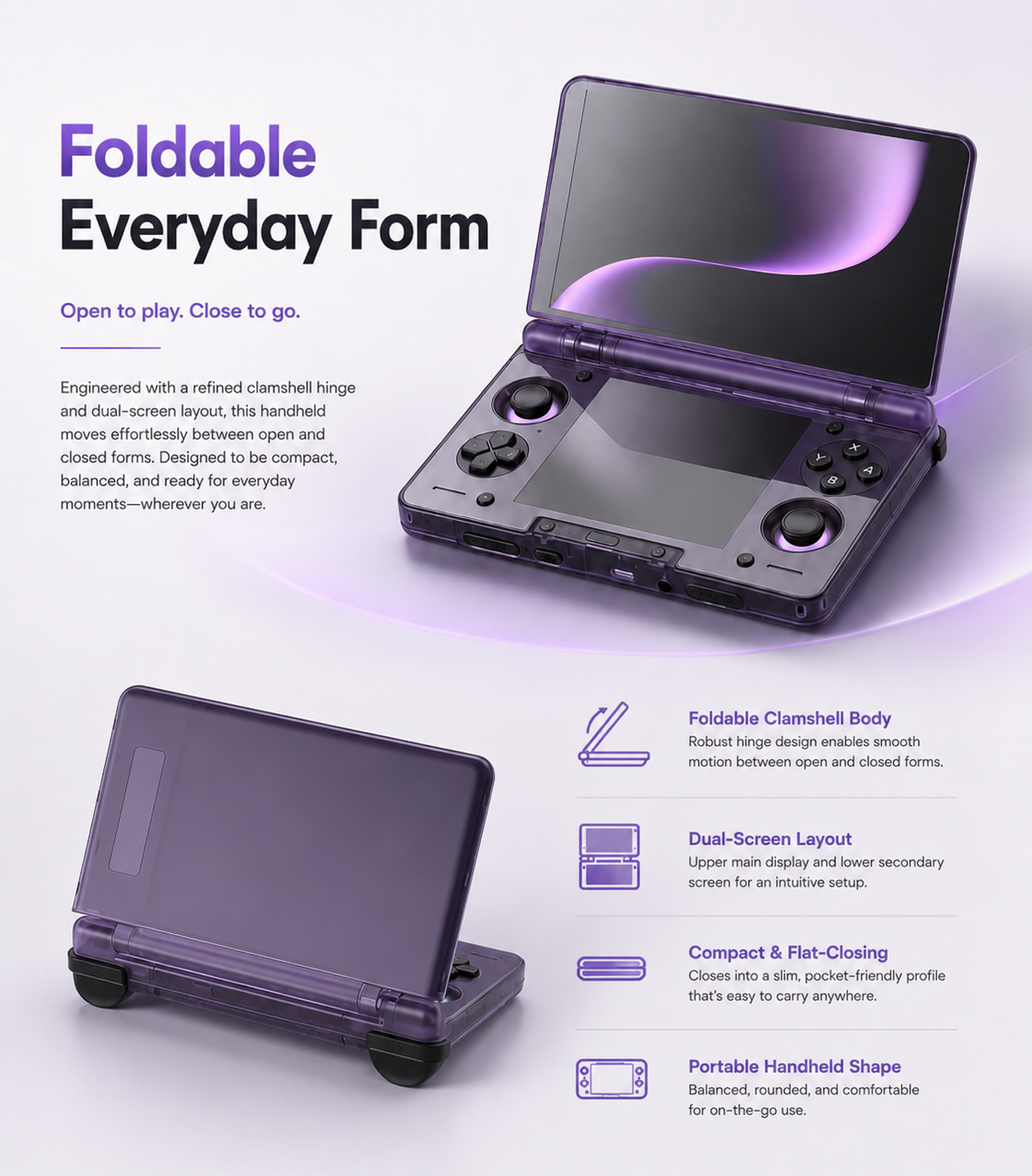 Foldable clamshell handheld form and rear view
