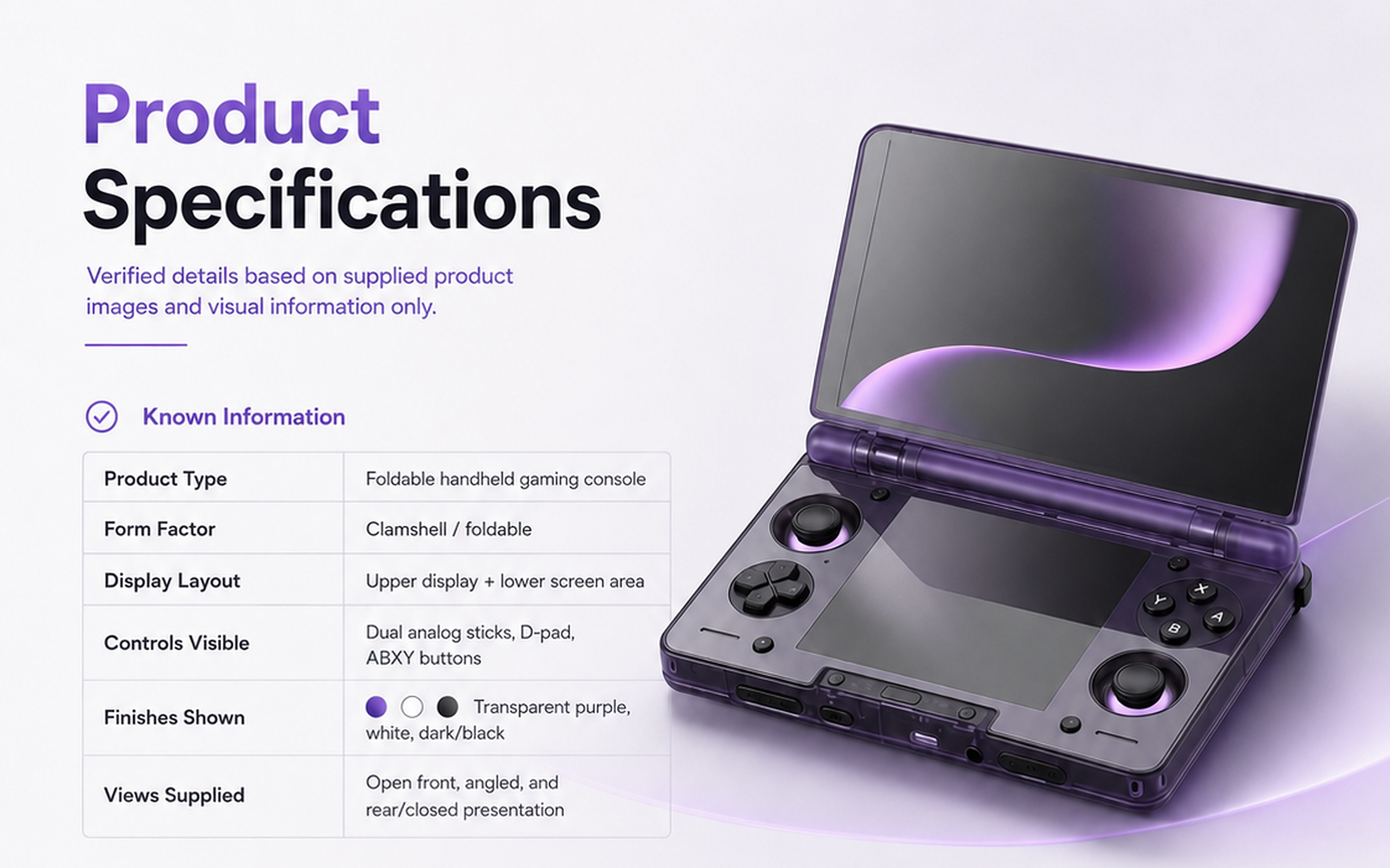 Visually verified product information and unverified specifications