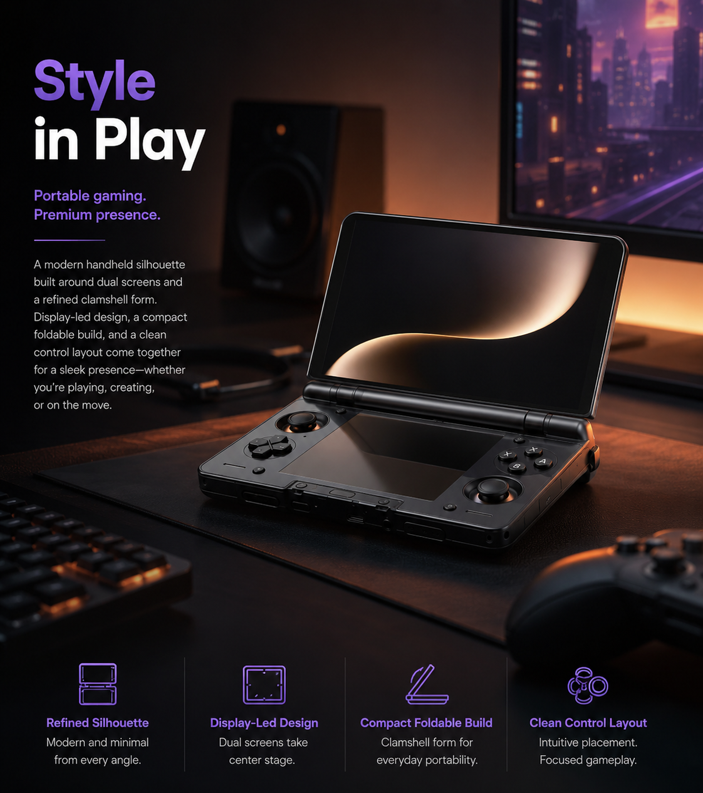 Dark handheld gaming console in a desktop gaming setup