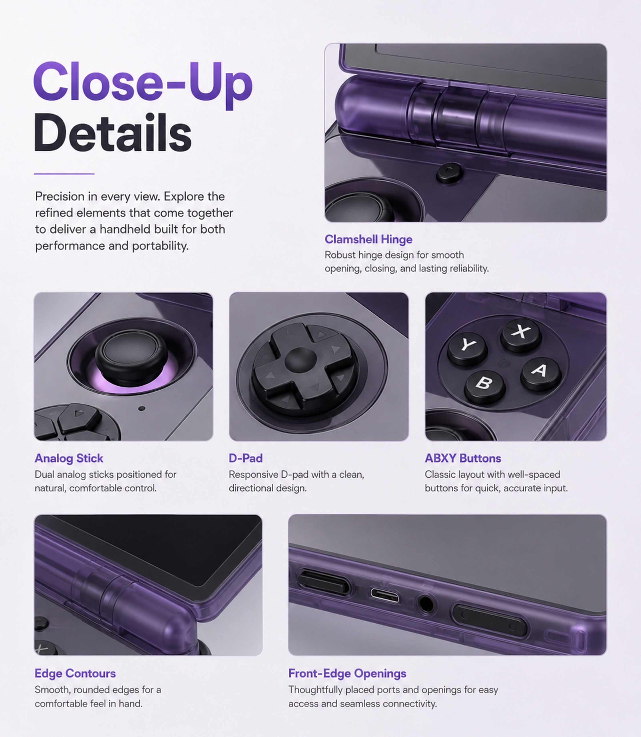 Close-up details of hinge analog stick D-pad buttons and ports