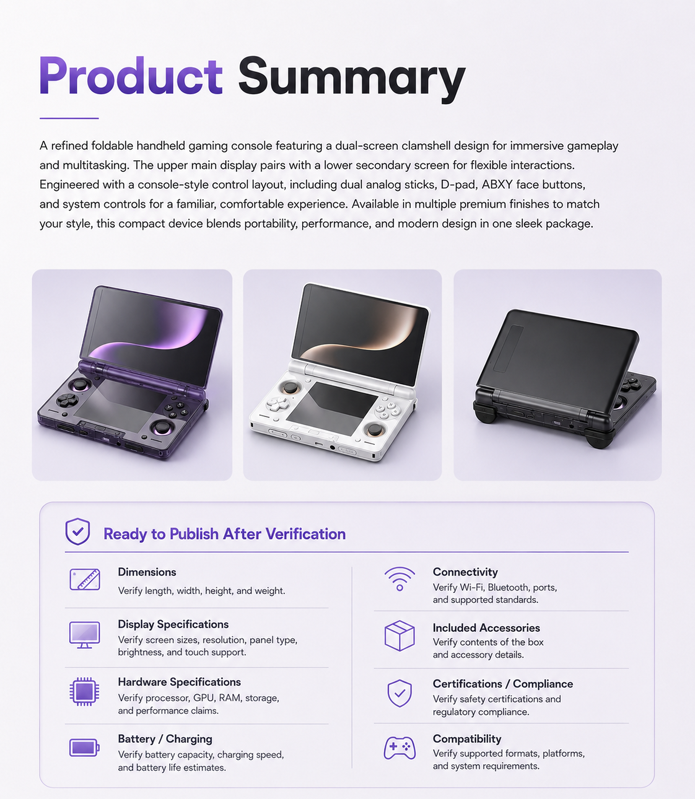 Foldable dual-screen handheld product summary