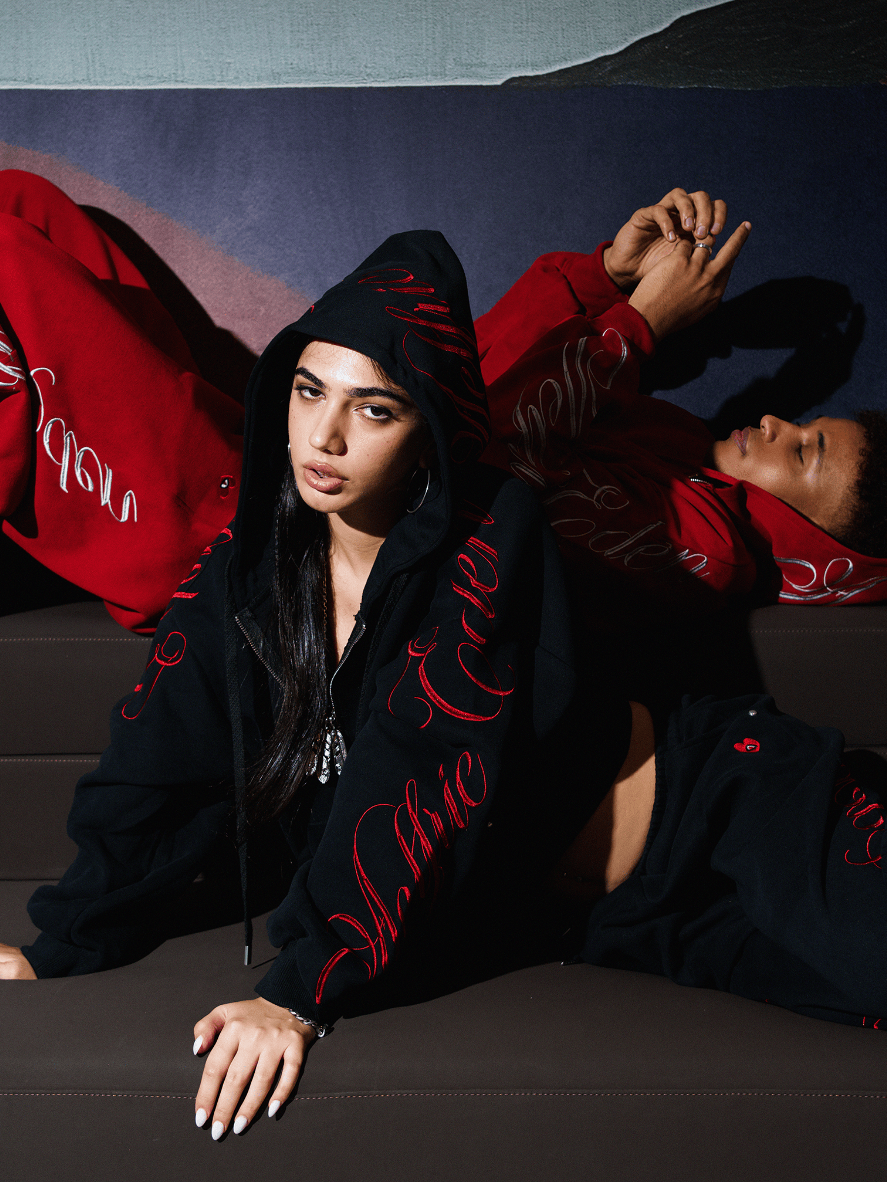 Boxy Script Embroidery Hoodie Sets