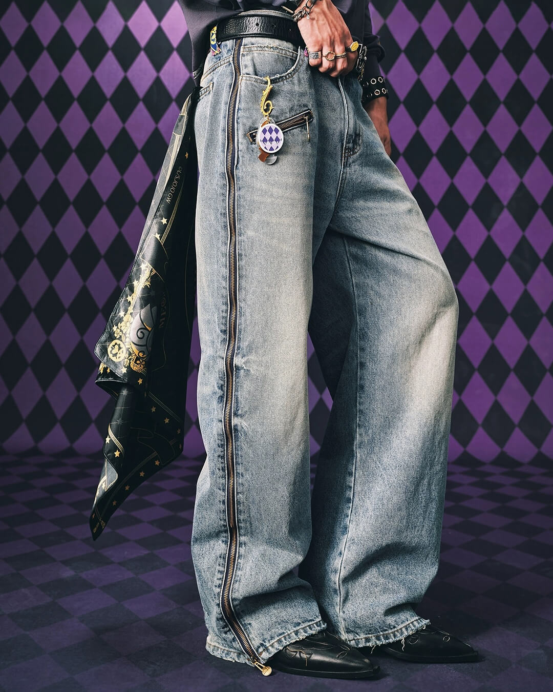 2026 MEDM × JOJO Side Zipper Contrast Checkered Washed Jeans