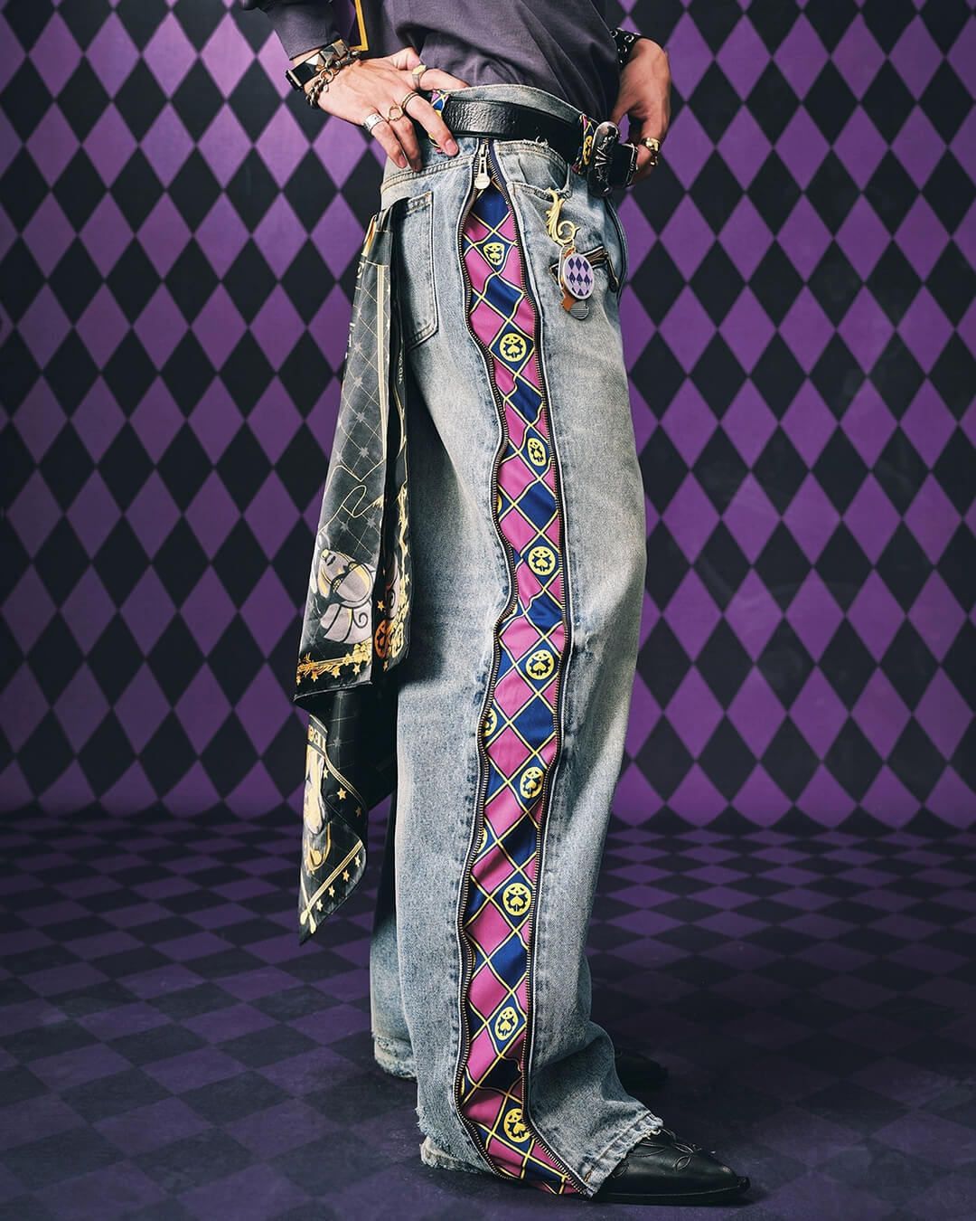 2026 MEDM × JOJO Side Zipper Contrast Checkered Washed Jeans