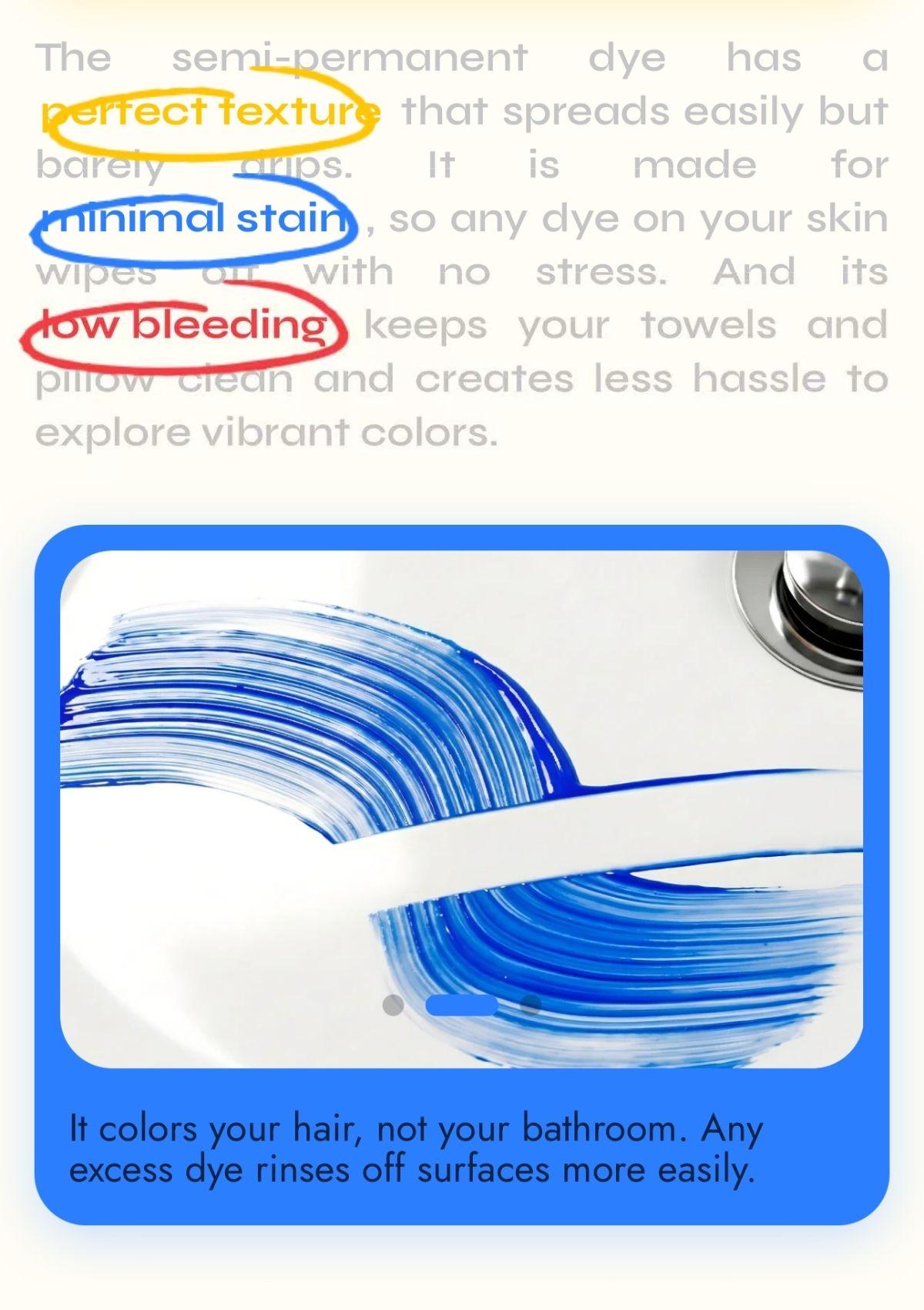 Semi-permanent dye minimal stain low bleeding formula rinsing off bathroom sink