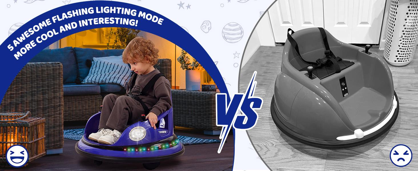 Kids bumper car performing 360 degree spin at top speed with LED lights