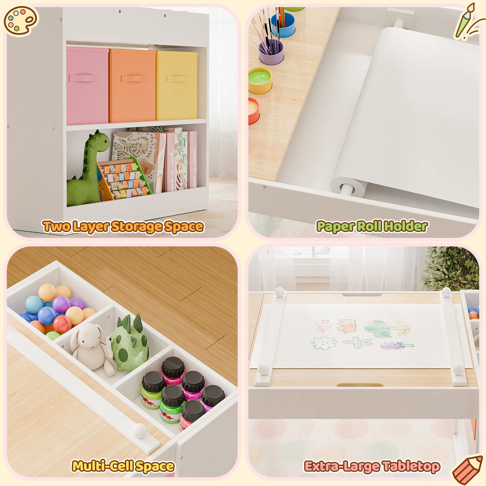All-round storage system with 2-layer shelves paper roll holder multi-cell compartments and large tabletop