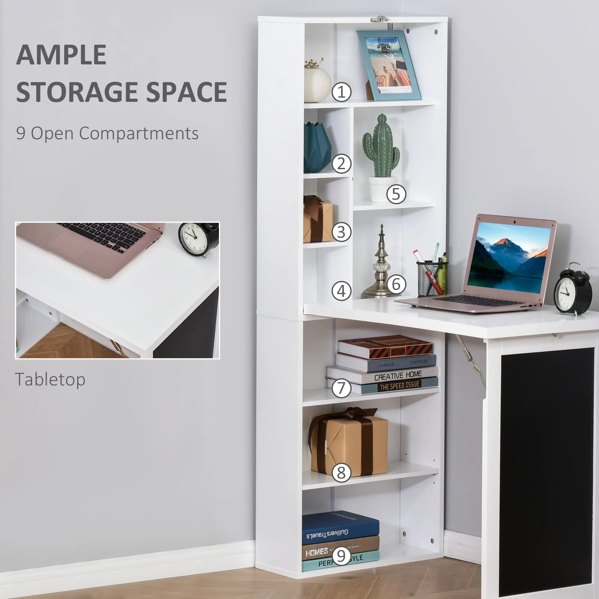 9 open compartments plus wide tabletop keeping stationery books and decor neatly organized for work