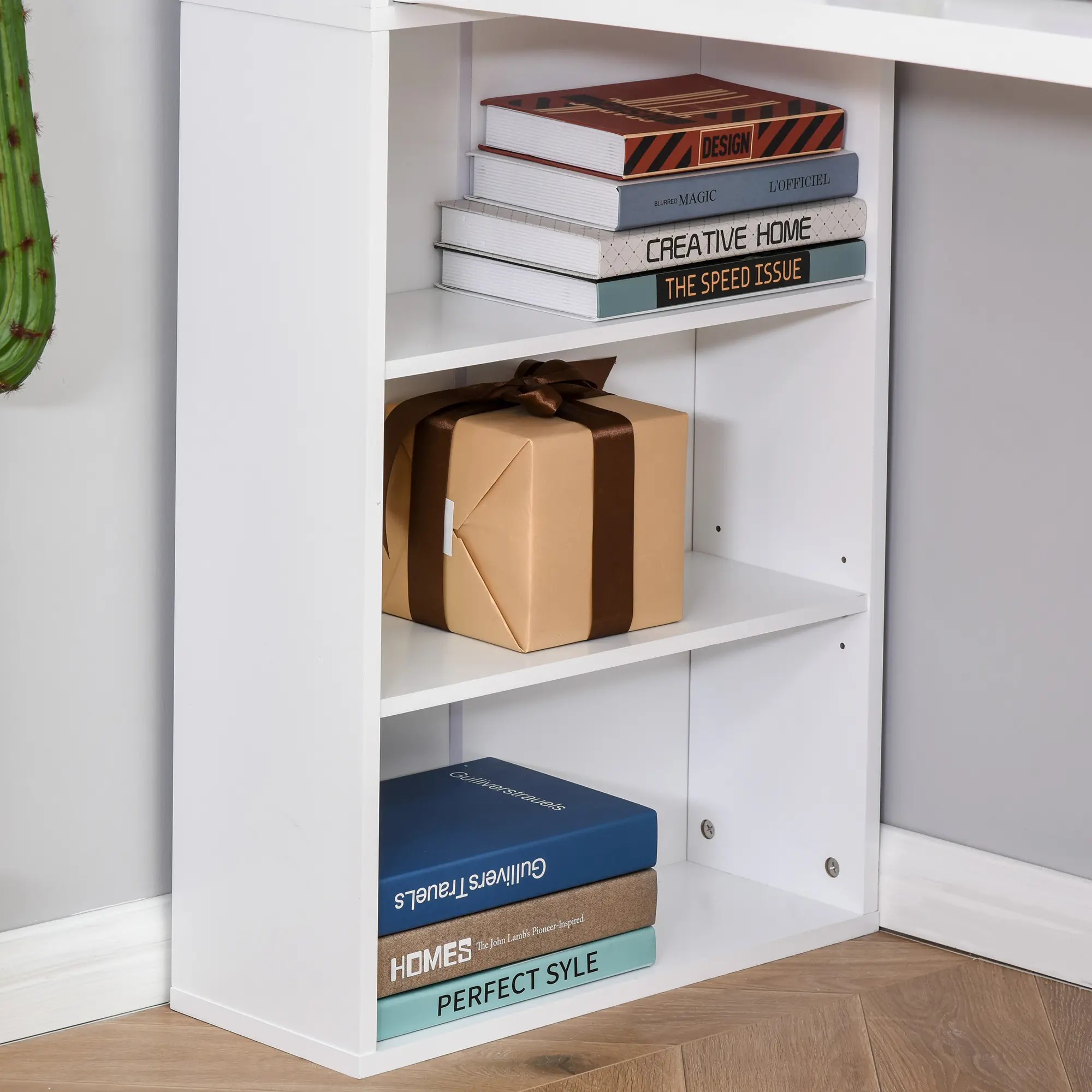 Multi-tier open shelves holding books boxes and daily supplies keeping items organized and within easy reach