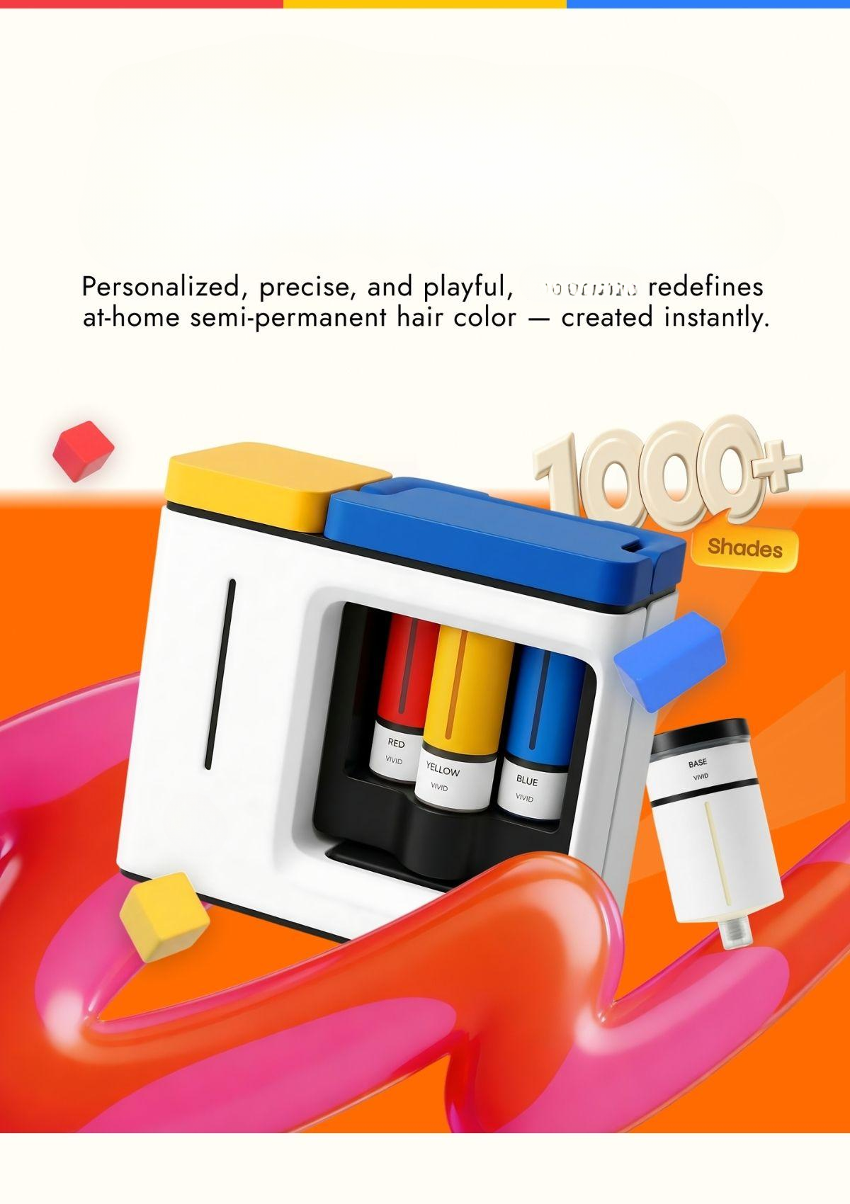 Smart at-home semi-permanent hair color device with RGB color cartridges and base formula