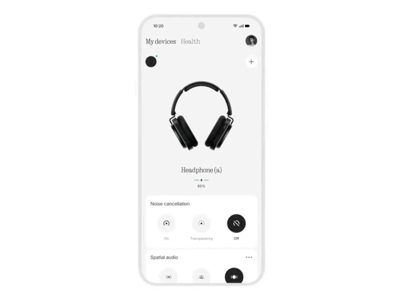 Companion app showing 8-band equalizer and spatial audio mode selection