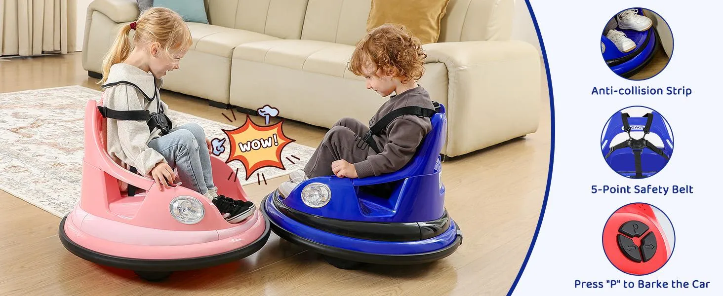 Parent using remote control while child drives bumper car independently