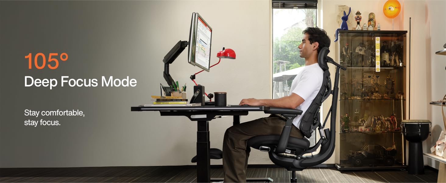 Chair demonstrating 105 degree recline position for working