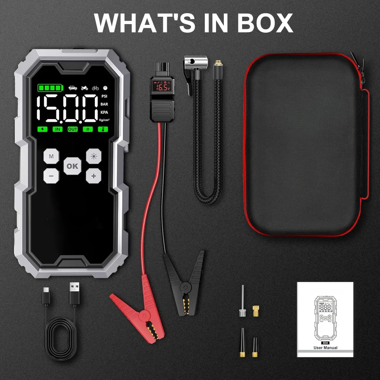 Jump Starter with Air Compressor, 6000A Jump Starter Battery Pack (All Gas/10L Diesel), 150PSI 12V Jump Box Car Battery Jumper Starter Portable with Type-C Quick Charge and LED Lights