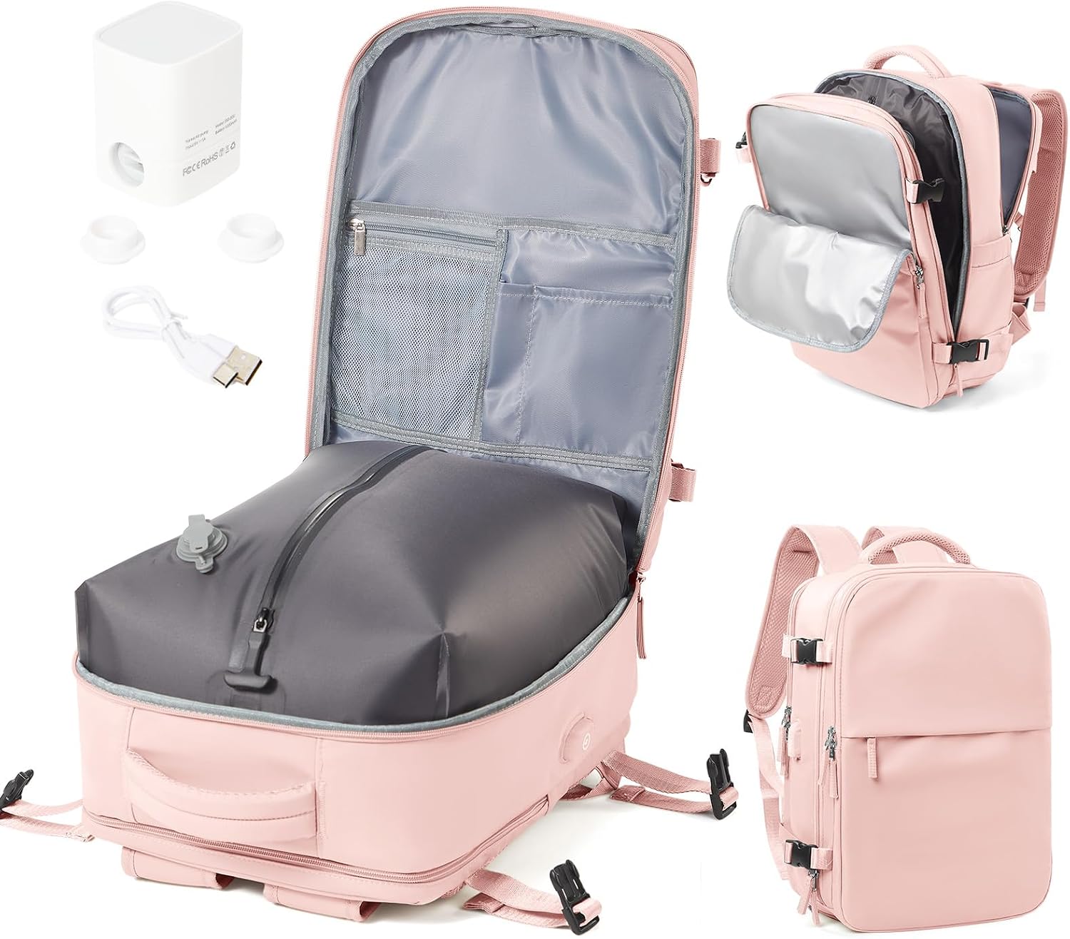 Vacuum Backpack with Pump for Women Men, Compression Backpack for Travel, Vacpack for School Business Trip, Lightweight Airback Backpacks with Vacuum Seal, Carry On Bag for Airport(Pink Large)