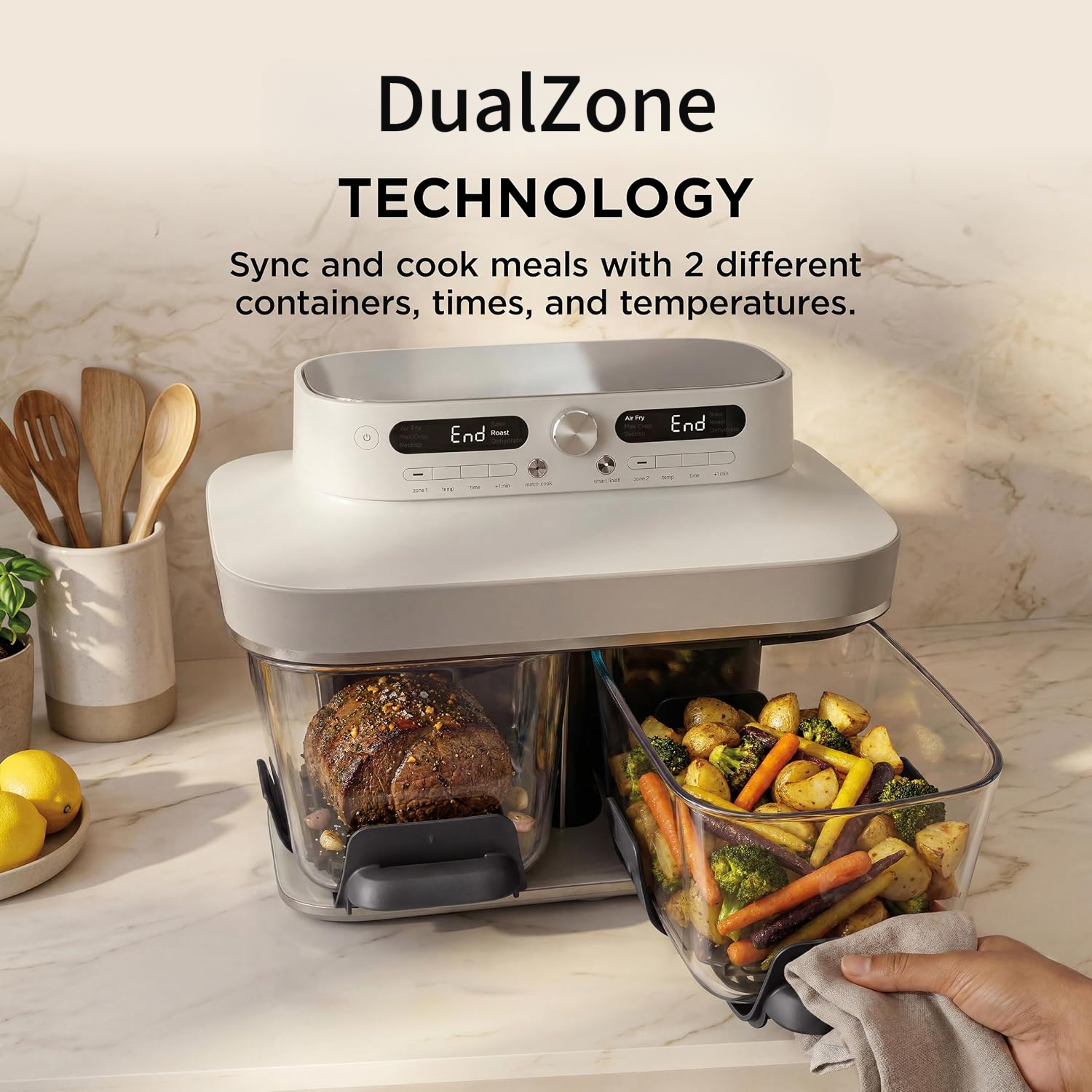 Crispi DualZone 6-in-1 Glass Air Fryer | With Nontoxic, 2x 4qt Containers & Lids | Microwave, Freezer, Dishwasher Safe | 450°F Max Temp | 1785 Watt |