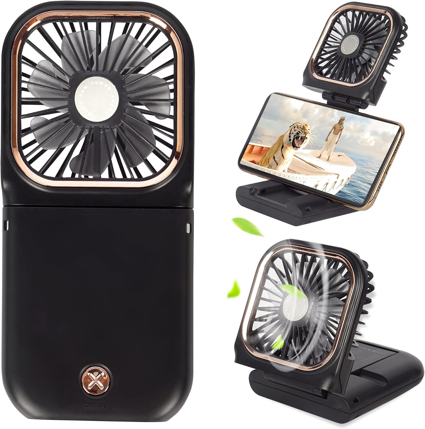 Portable Mini Fan Small Battery Operated Fan 5 in 1 as Power Bank,Phone Holder,Handheld Fan,Desk Fan, USB Rechargeable Personal Hand Fans,3000 mAh Power Bank,3 Speed Adjustable, Neck lanyard, Pink