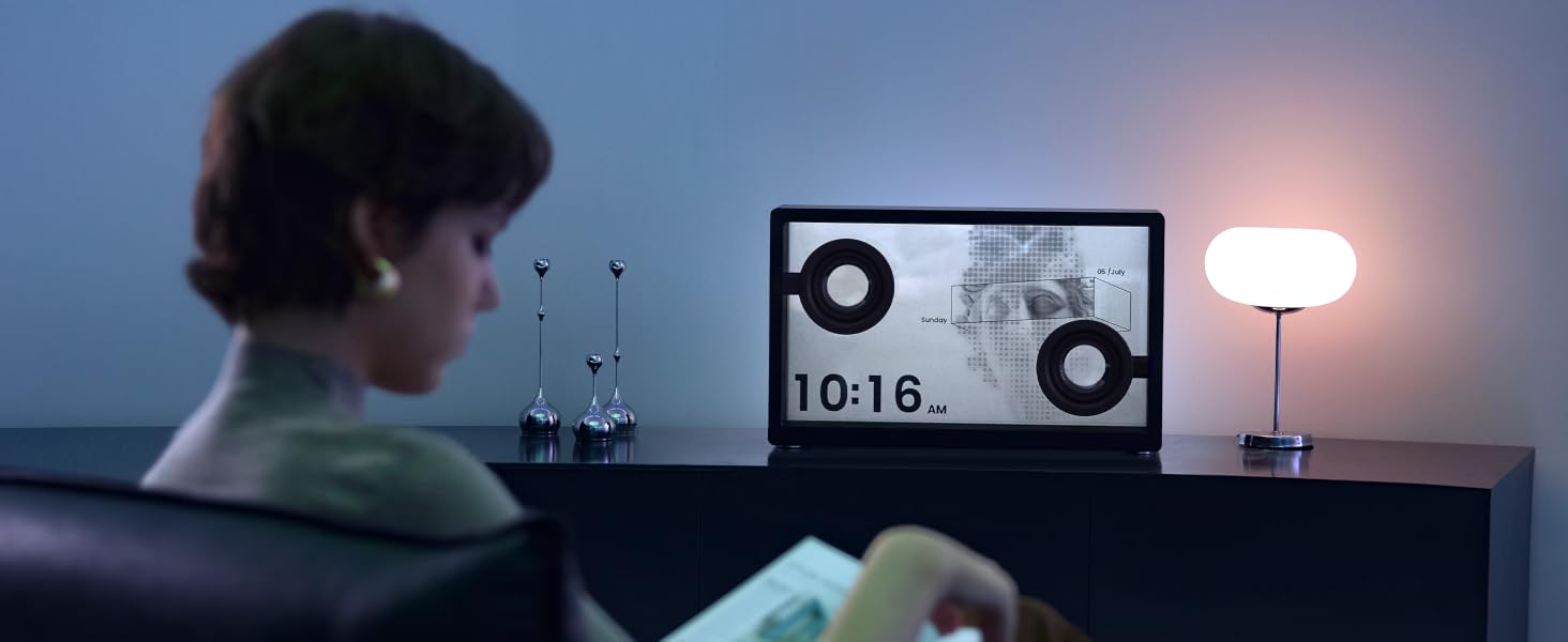 Transparent speaker enclosure showing inner workings with floating lyrics on display