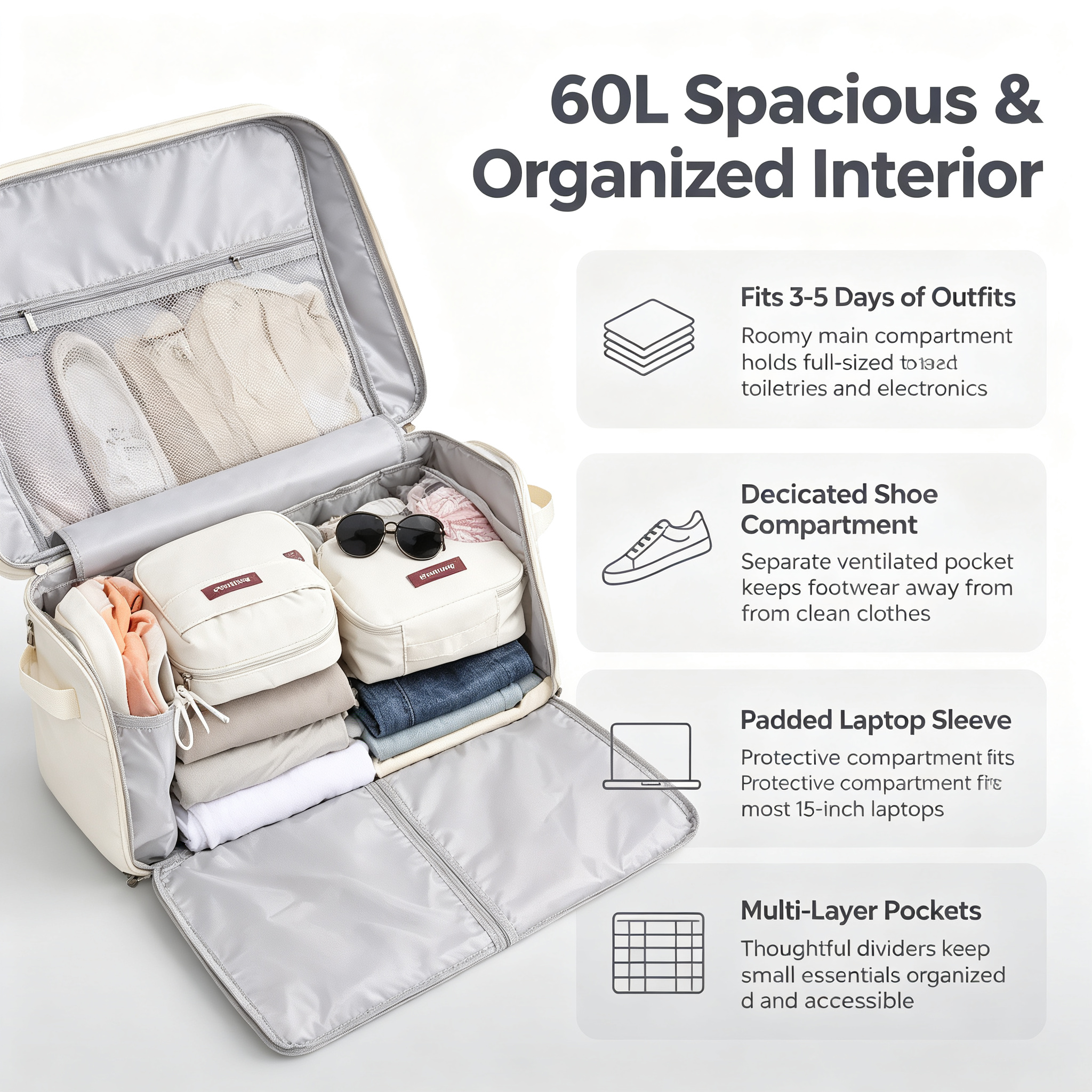 Convertible Travel Bag, 60L Weekender Garment Duffel Carry-On.