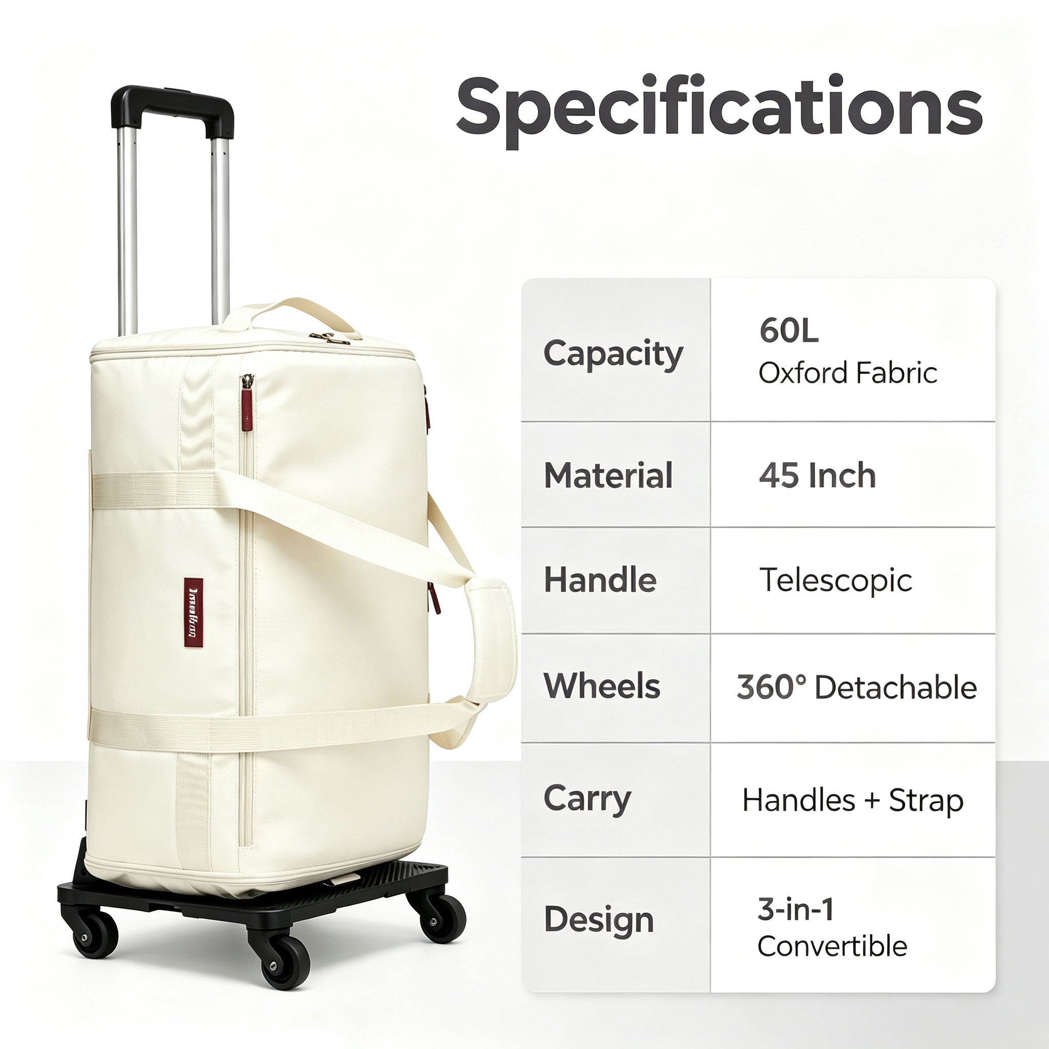 Convertible Travel Bag, 60L Weekender Garment Duffel Carry-On.