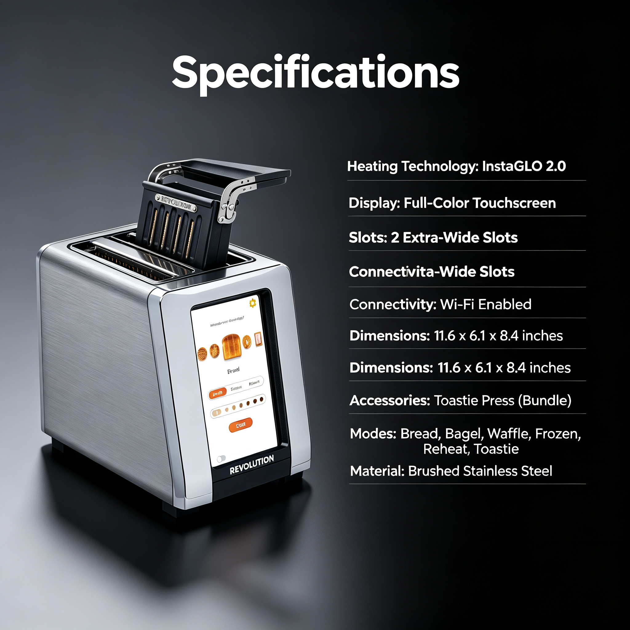 Touchscreen Smart Toaster + Toastie Press – Choose from 6 Bread Types.