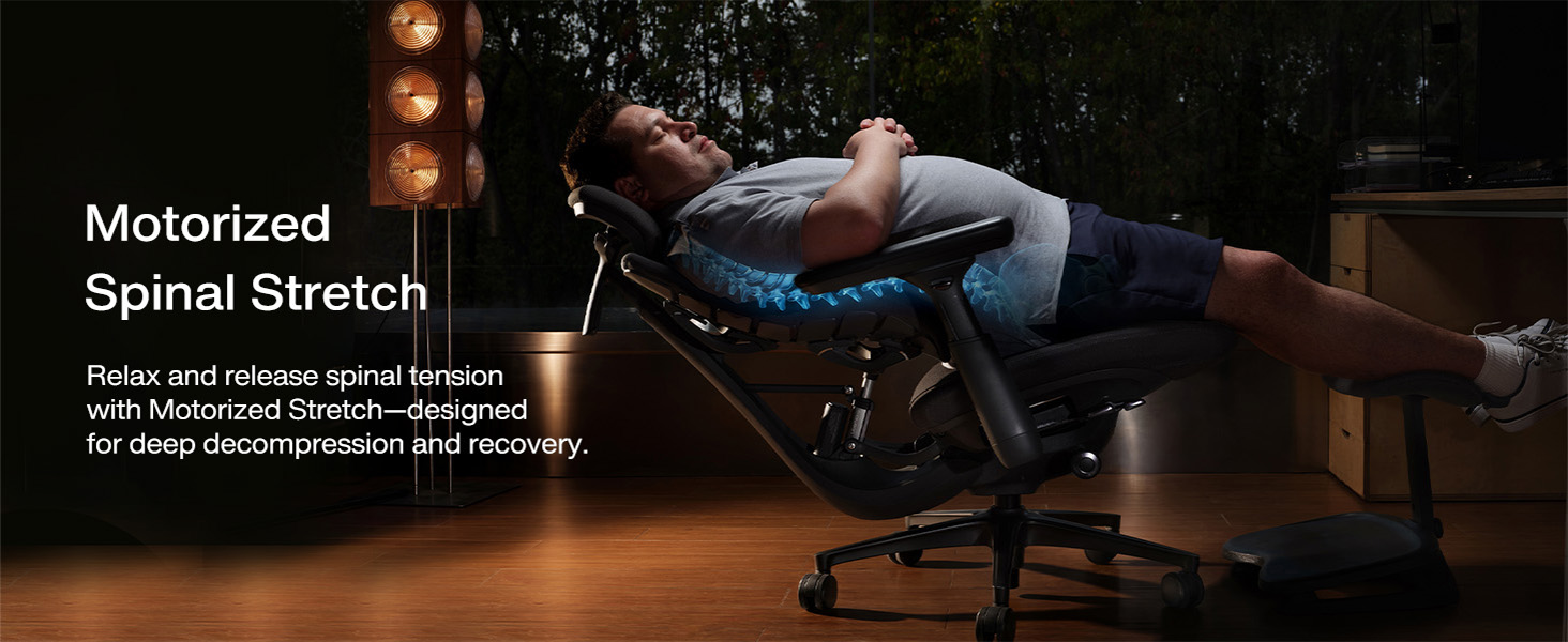 Chair in reclined position showing built-in spinal stretch function