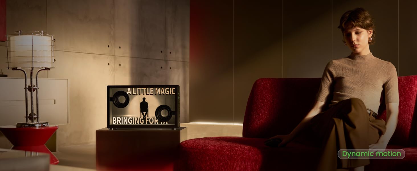 Speaker in ambient wellness mode with soft lighting showing cozy bonfire and ocean wave soundscapes