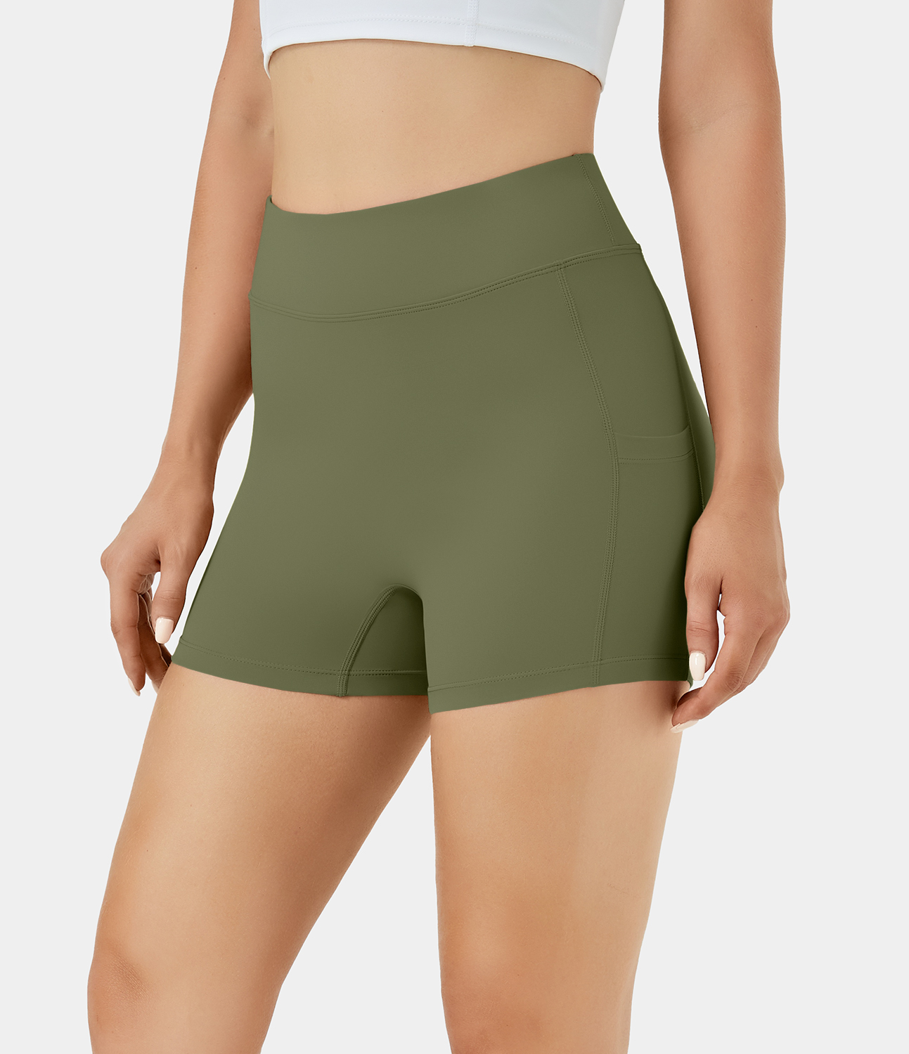 Airy High Waisted Side Pocket Plain Yoga Shorts 3.5"-UPF50+