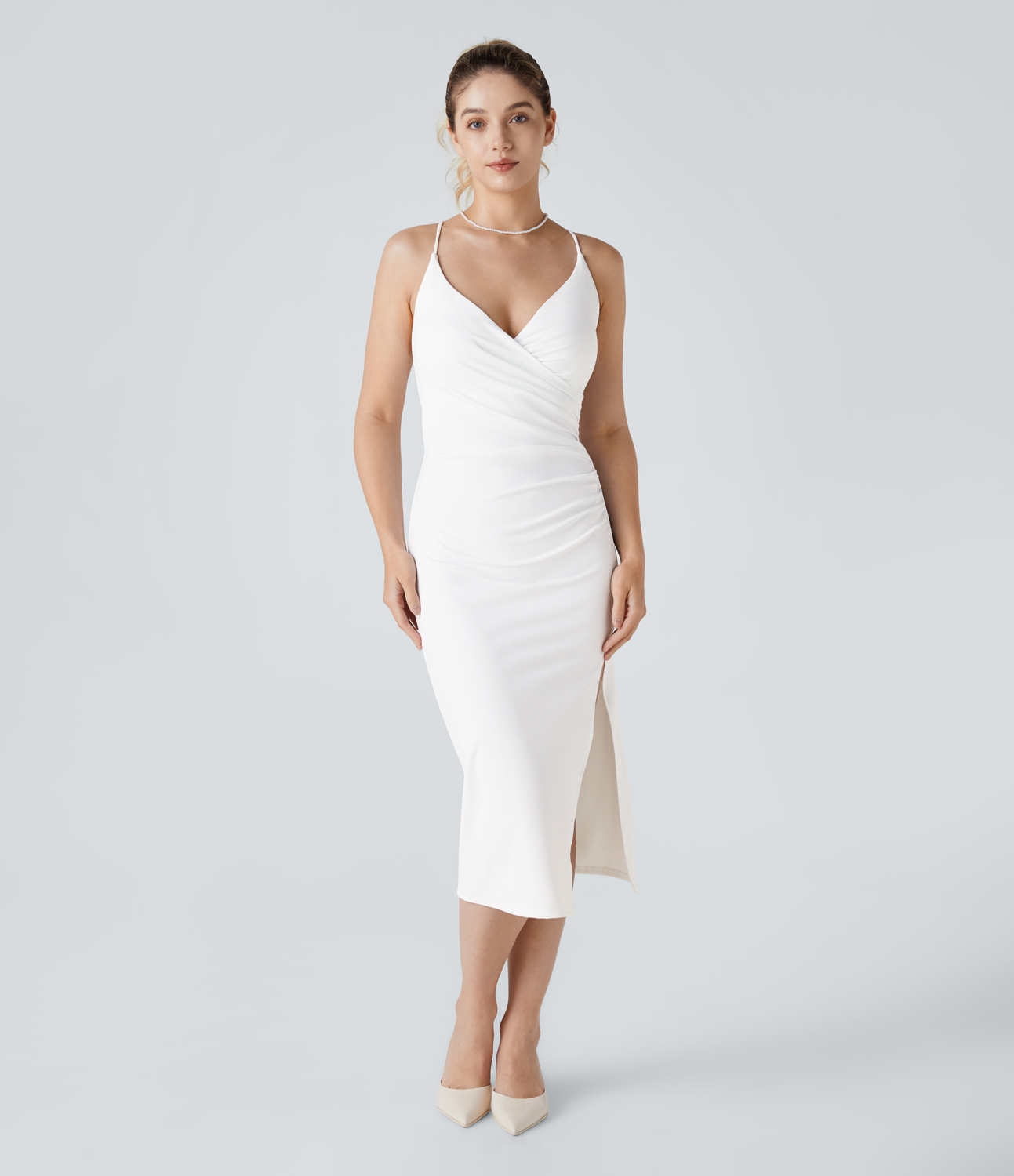 Airy Crossover Ruched Backless Lace Up Split Bodycon Cool Touch Bridesmaid and Wedding Guest Dress-UPF50+