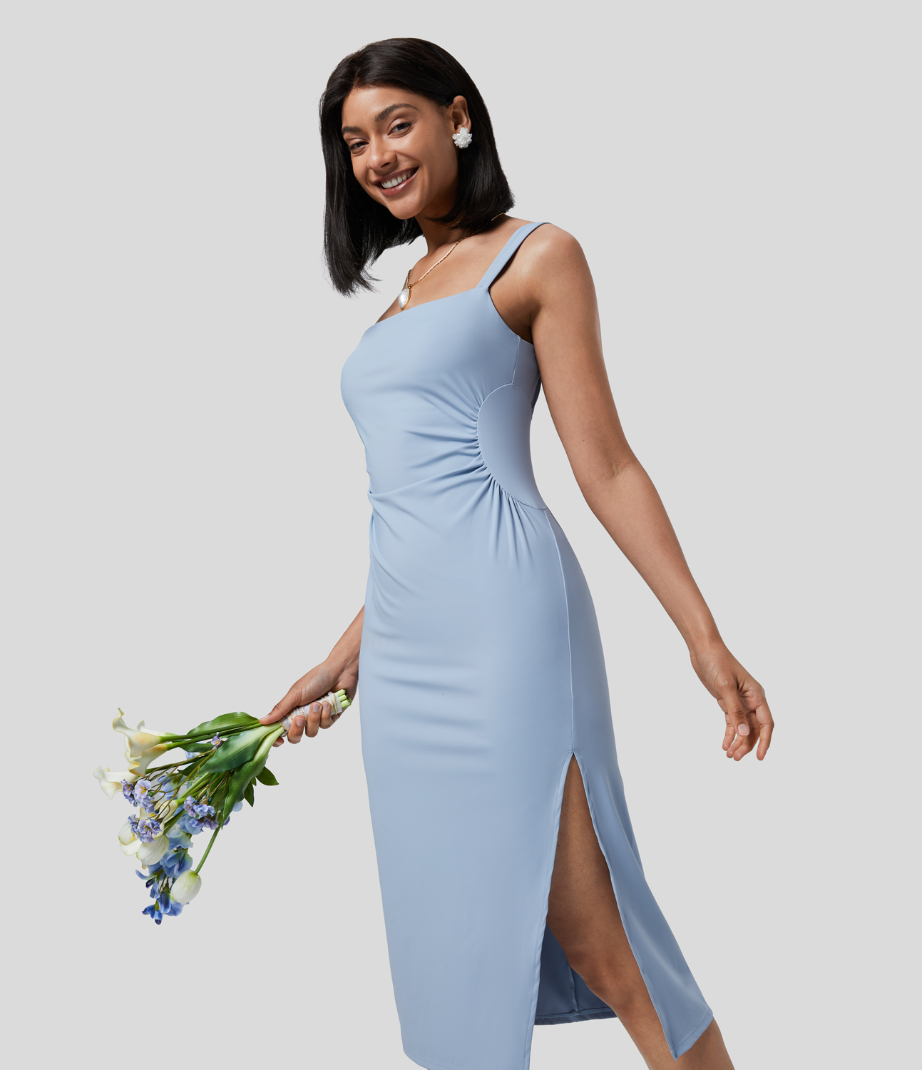 Airy Square Neck Ruched Split Midi Cool Touch Bridesmaid and Wedding Guest Dress-UPF50+