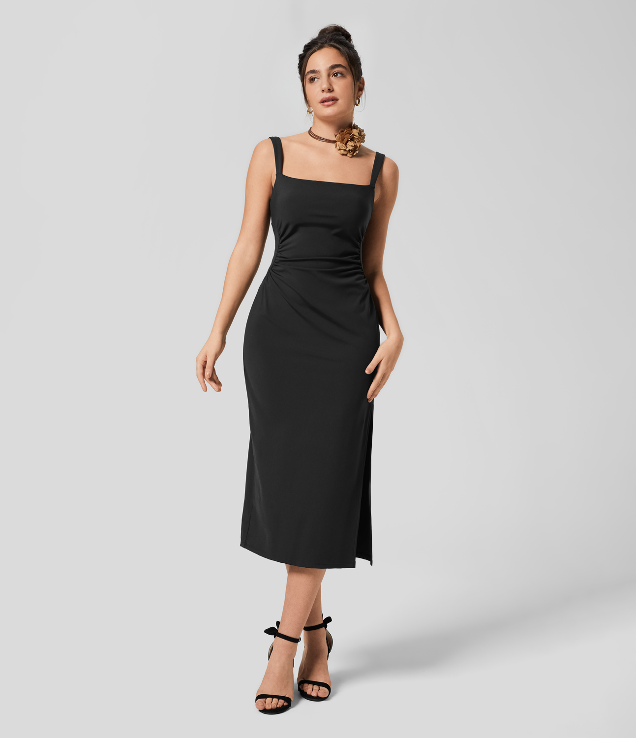 Airy Square Neck Ruched Split Midi Cool Touch Bridesmaid and Wedding Guest Dress-UPF50+