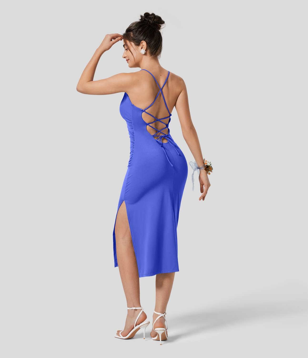 Airy Crossover Ruched Backless Lace Up Split Bodycon Cool Touch Bridesmaid and Wedding Guest Dress-UPF50+