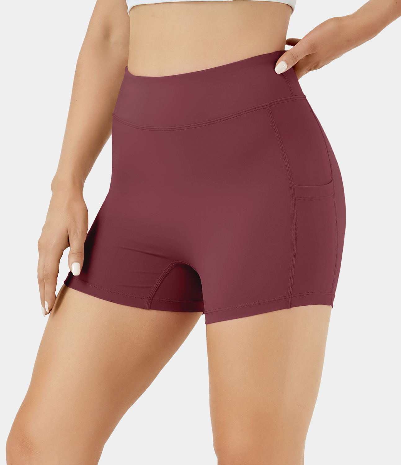 Airy High Waisted Side Pocket Plain Yoga Shorts 3.5"-UPF50+