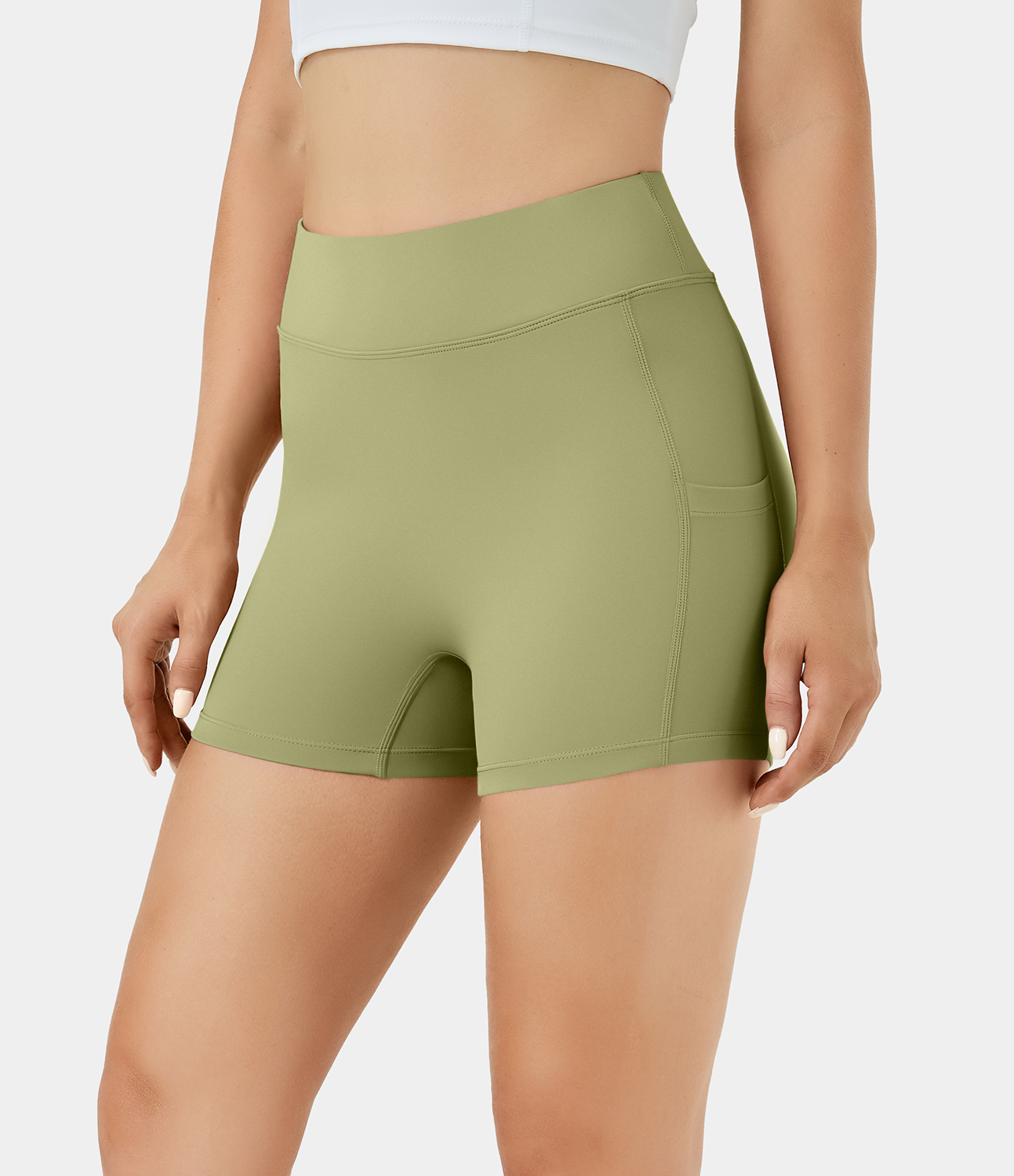 Airy High Waisted Side Pocket Plain Yoga Shorts 3.5"-UPF50+