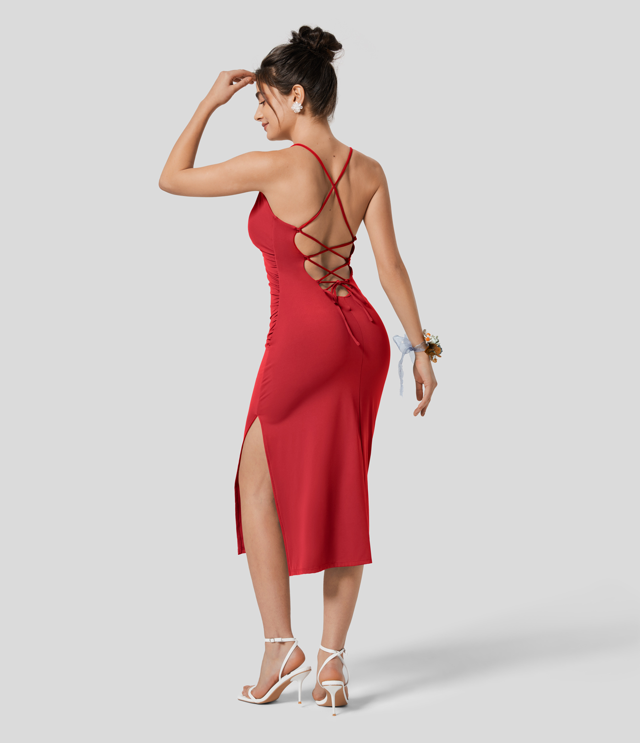 Airy Crossover Ruched Backless Lace Up Split Bodycon Cool Touch Bridesmaid and Wedding Guest Dress-UPF50+