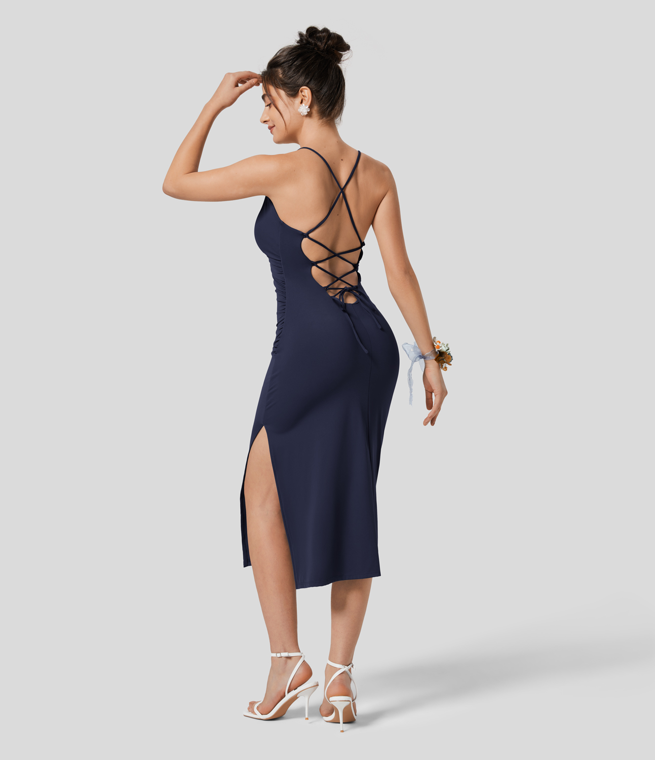 Airy Crossover Ruched Backless Lace Up Split Bodycon Cool Touch Bridesmaid and Wedding Guest Dress-UPF50+