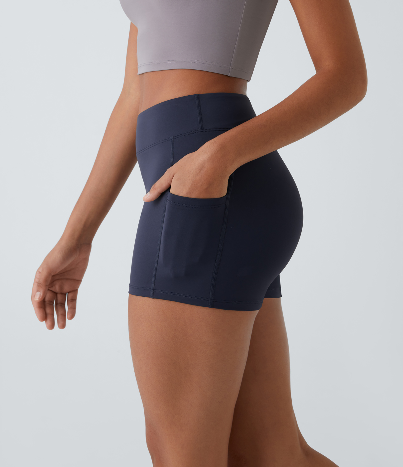 Airy High Waisted Side Pocket Plain Yoga Shorts 3.5"-UPF50+