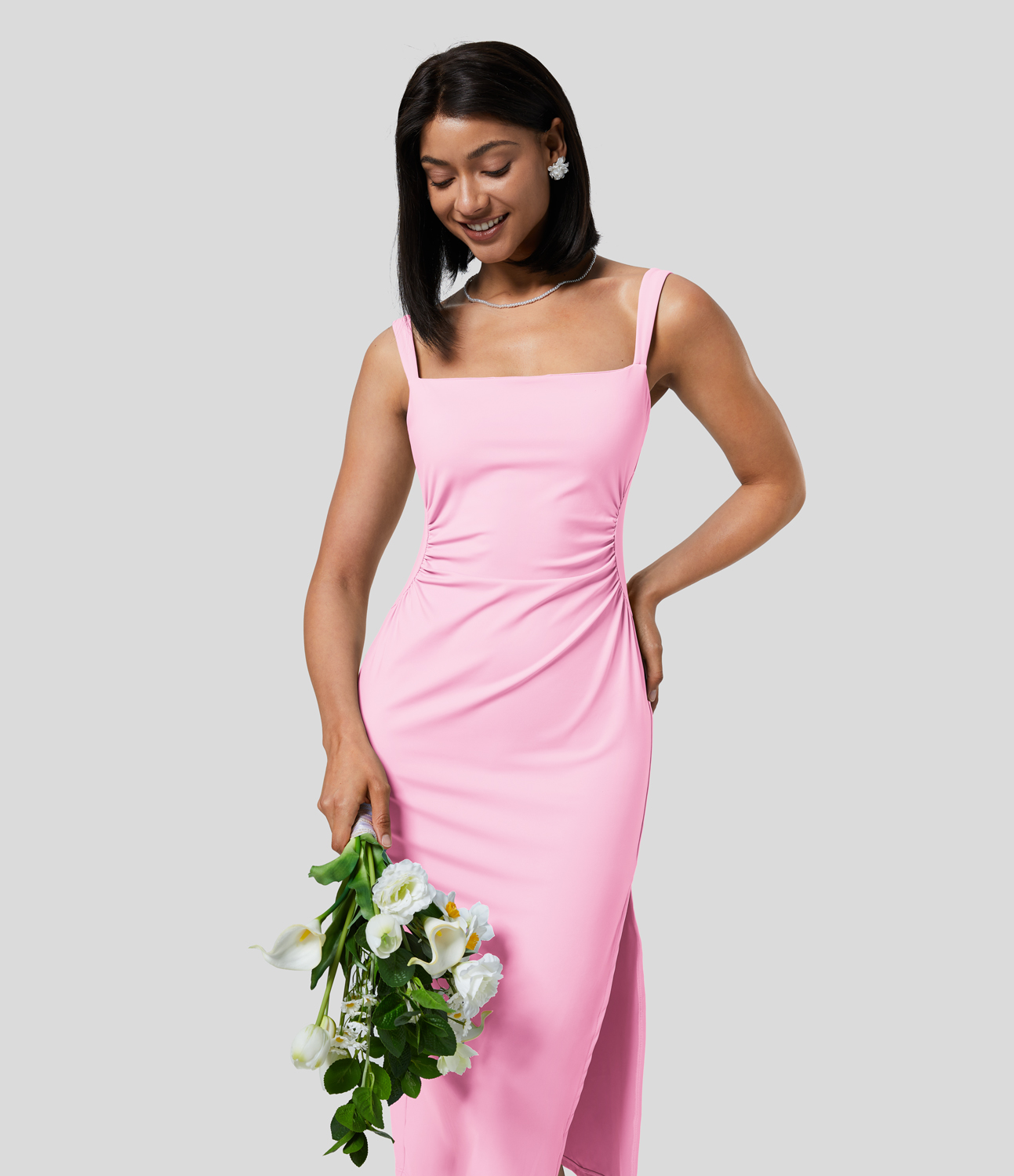 Airy Square Neck Ruched Split Midi Cool Touch Bridesmaid and Wedding Guest Dress-UPF50+
